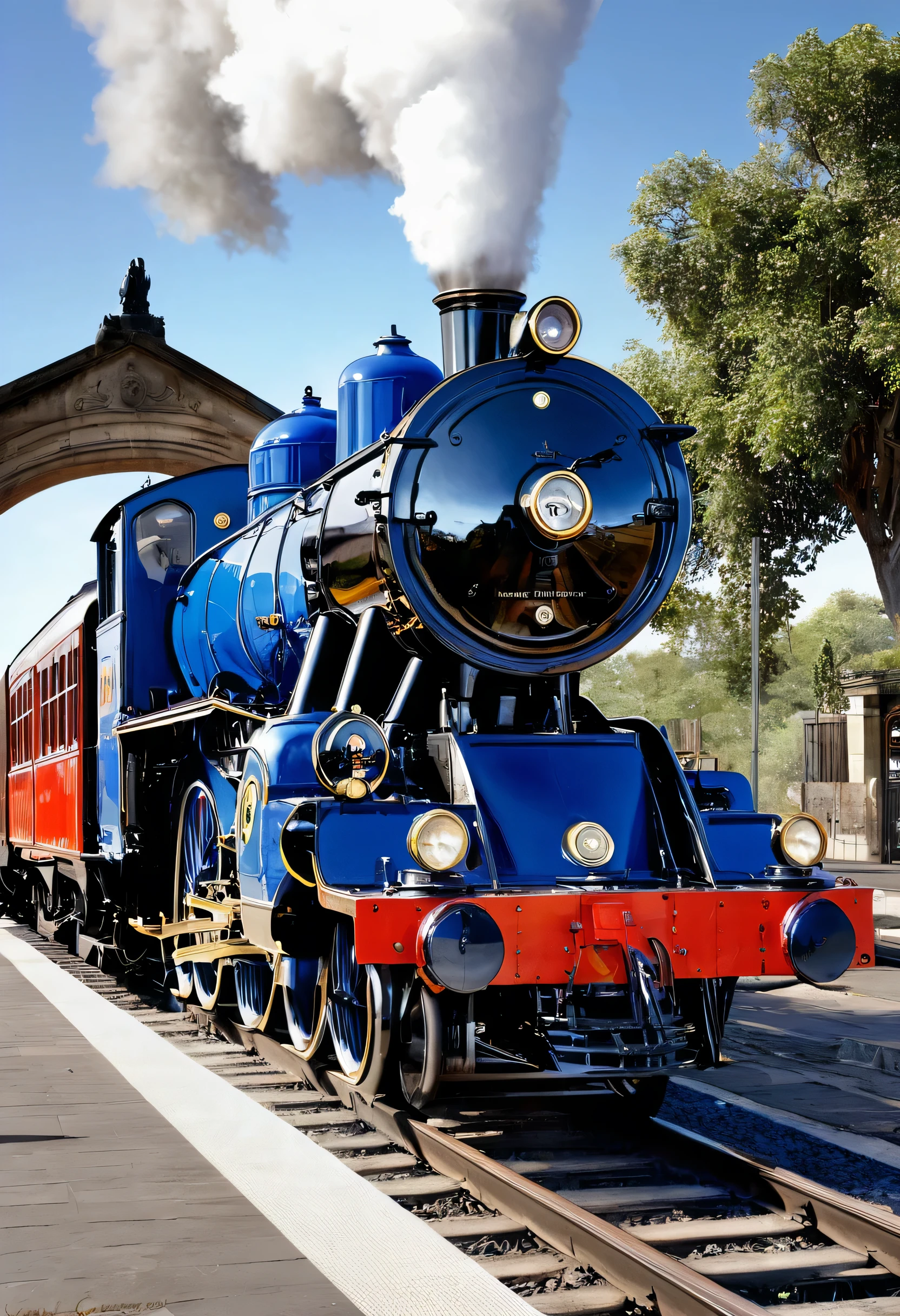 arafly looking at the front of a tren on the tracks, un retrato de Wayne Inglaterra, Flickr, photorealism, Motor grande, steam engine, locomotora, motores dorados, tren, gothic locomotora, Retrato de un gran, steam tren, 4 0 9 6, complete scenic plan, large size engine, desde el frente, Brass and steam technology, grandes motores azules