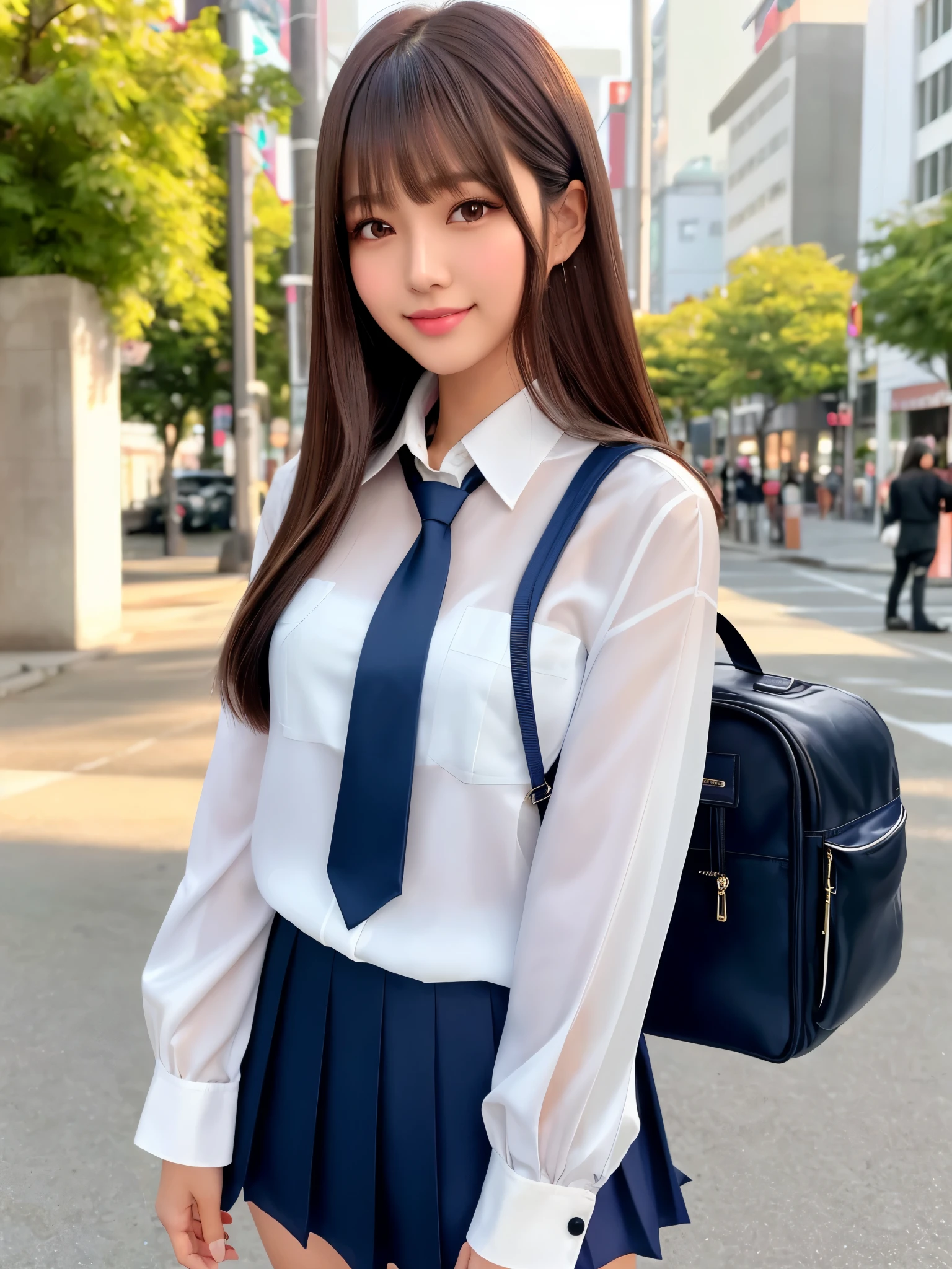 product quality, 1girl, upper body shot, front view, a Japanese young pretty girl, long bob hair, standing with a big smile in a crowded city in the sunset, glamorous figure, wearing a white collared shiny satin shirt of long sleeves, shiny satin dark blue plain long tie, dark blue pleated long skirt, school bag over her shoulder, hyper cute face, glossy lips, double eyelids in both eyes, natural makeup, long eyelashes, shiny smooth light brown long bob hair, asymmetrical bangs, a tanned skin, central image, high resolution, high detail, detailed hairstyle, detailed face, spectacular cinematic lighting, octane rendering, vibrant, hyper realistic, perfect limbs, perfect anatomy