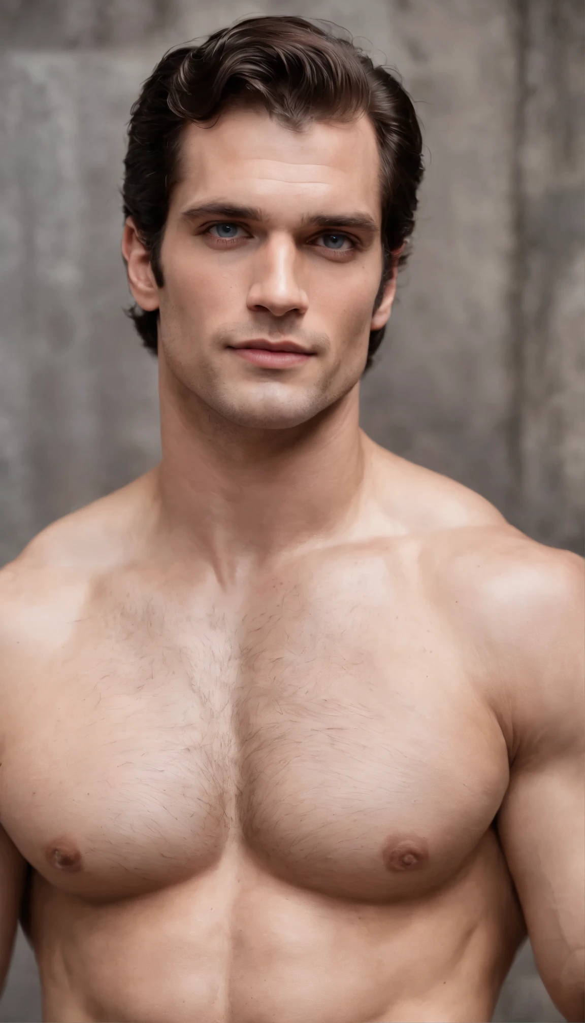Generate a high-resolution, realistic image of Henry Cavill, the British actor known for his robust physique and captivating features. He stands at 1.85 meters tall (6'1" in feet and inches) and often portrays strong characters like Superman and Geralt of Rivia. Henry's strong muscular, well-defined body is the product of his disciplined exercise regimen, weighing approximately 90 kg (naked with the huge realistic penis). His dark brown hair and piercing blue eyes are complemented by a few tattoos, notably on his right bicep and left forearm. Capture his strength and elegance, showcasing his versatility as an actor and his iconic status in Hollywood.