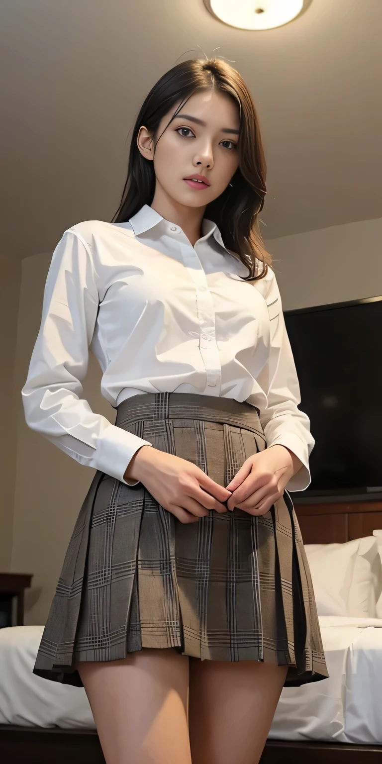 ((masterpiece:1.4))、((muste piece:1.4))、((hotel bedroom:1.4))、((long black hair woman:1.4))、((Standing wearing a short pleated skirt with a light brown plaid pattern:1.4))、 ((cowboy shot:1.4))、((shot from below:1.4))、((Wearing a white long-sleeved collared dress shirt:1.4))、((small breast:1.4))、((Light brown plaid miniskirt that highlights the thighs:1.4))、((white panties:1.4))、((look at the audience、A woman with a scared expression:1.4))、