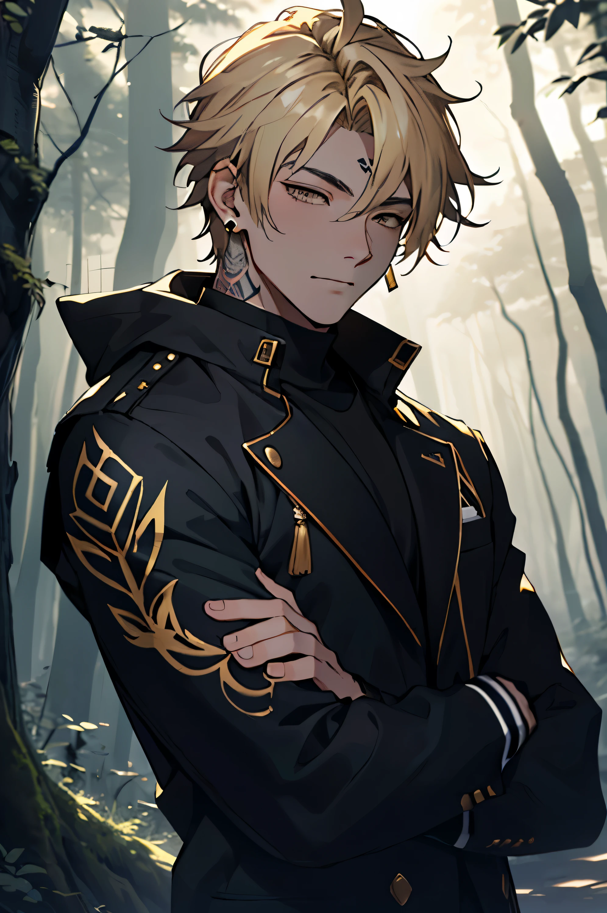 (absurdo, A high resolution, ultra detalhado, HDR),a boy with blonde hair with a black gradient white eyes with closed eyes clothes a black and gold suit with a tattoo on his neck and earrings the background a forest with dark colors along with soft colors