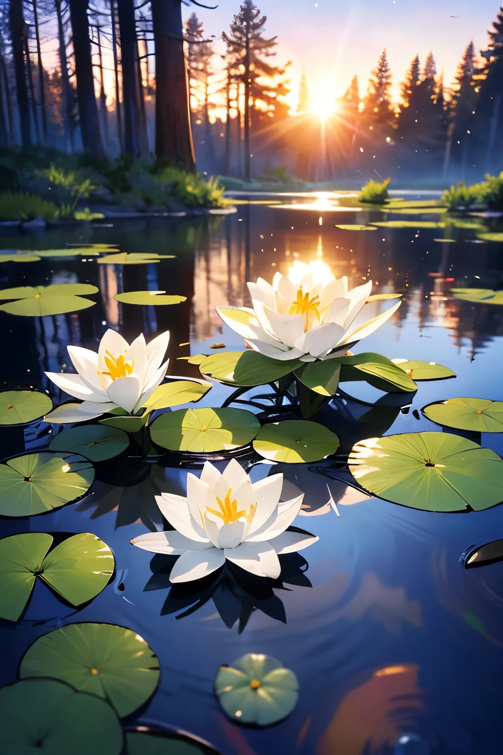 a beautiful white lily in the middle of a forest next to a pond, the lily has just fully bloomed and looks astonishing, the pond right next to the lily has light blue waters that are glistening from the sun, the pond has some lily-pads in them, the camera is at a close up of the lily and you can see the sky behind it, it is sunrise and the sun is beaming white,