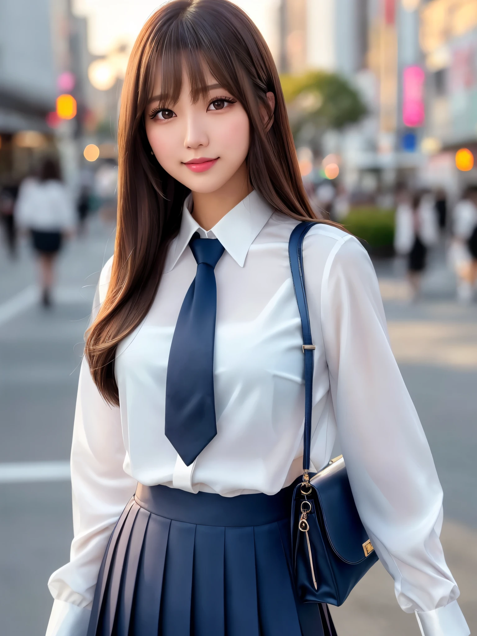 product quality, 1girl, upper body shot, front view, a Japanese young pretty girl, long bob hair, standing with a big smile in a crowded city in the sunset, glamorous figure, wearing a white collared shiny satin shirt of long sleeves, shiny satin dark blue plain long tie, dark blue pleated long skirt, school bag over her shoulder, hyper cute face, glossy lips, double eyelids in both eyes, natural makeup, long eyelashes, shiny smooth light brown long bob hair, asymmetrical bangs, a tanned skin, central image, high resolution, high detail, detailed hairstyle, detailed face, spectacular cinematic lighting, octane rendering, vibrant, hyper realistic, perfect limbs, perfect anatomy