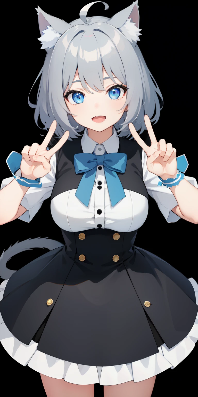 looking at the viewer, 1 girl, smile, Open mouth、Virtual YouTuber、with a girl、((highest quality, expensive_solve, clear_image)),(gray hair), (black cat ears), (Ahoge), (ridiculously short hair), (wavy hair), (blue eyes),、Sorry face、very big breasts、upright、hands on both sides