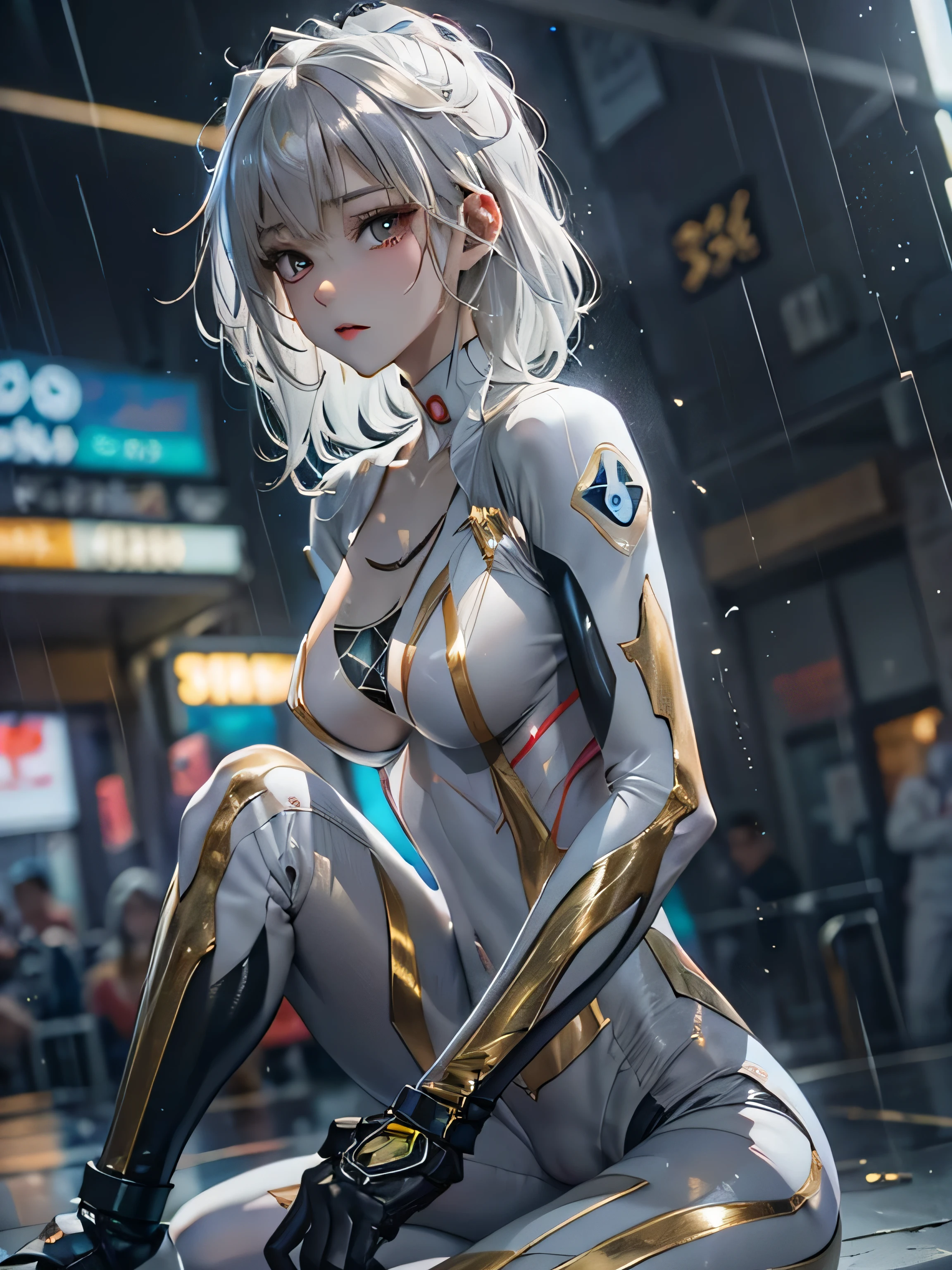 (photorealistic:1.8, highest quality:1.8,8K masterpiece:1.8,High resolution,muste piece:1.8,RAW Photos,cinematic lighting),No split screen, cyber punk、Back alley of the city at night、rain-soaked ground、vapor、
(1 android girl:1.3)、Completely naked、choker、beautiful breasts、Professional Wrestling Masks、spider girl、(Soryu Asuka Langley)、
(High leg white spider tight suit:1.7)、((Moderate chest:1.3)、Arachne tattoo on chest、Arachne:1.2)、
 (look back、open your legs wide、squat、raise your hand:1.2)、(Body fluid adhesion:1.4)、spiderweb、The white body contains Arachne threads.、plump nipples、Nipples are visible through the costume,cameltoe,
(Beautiful, shining pale-white, gray-gold hair:1.5)、Impassive