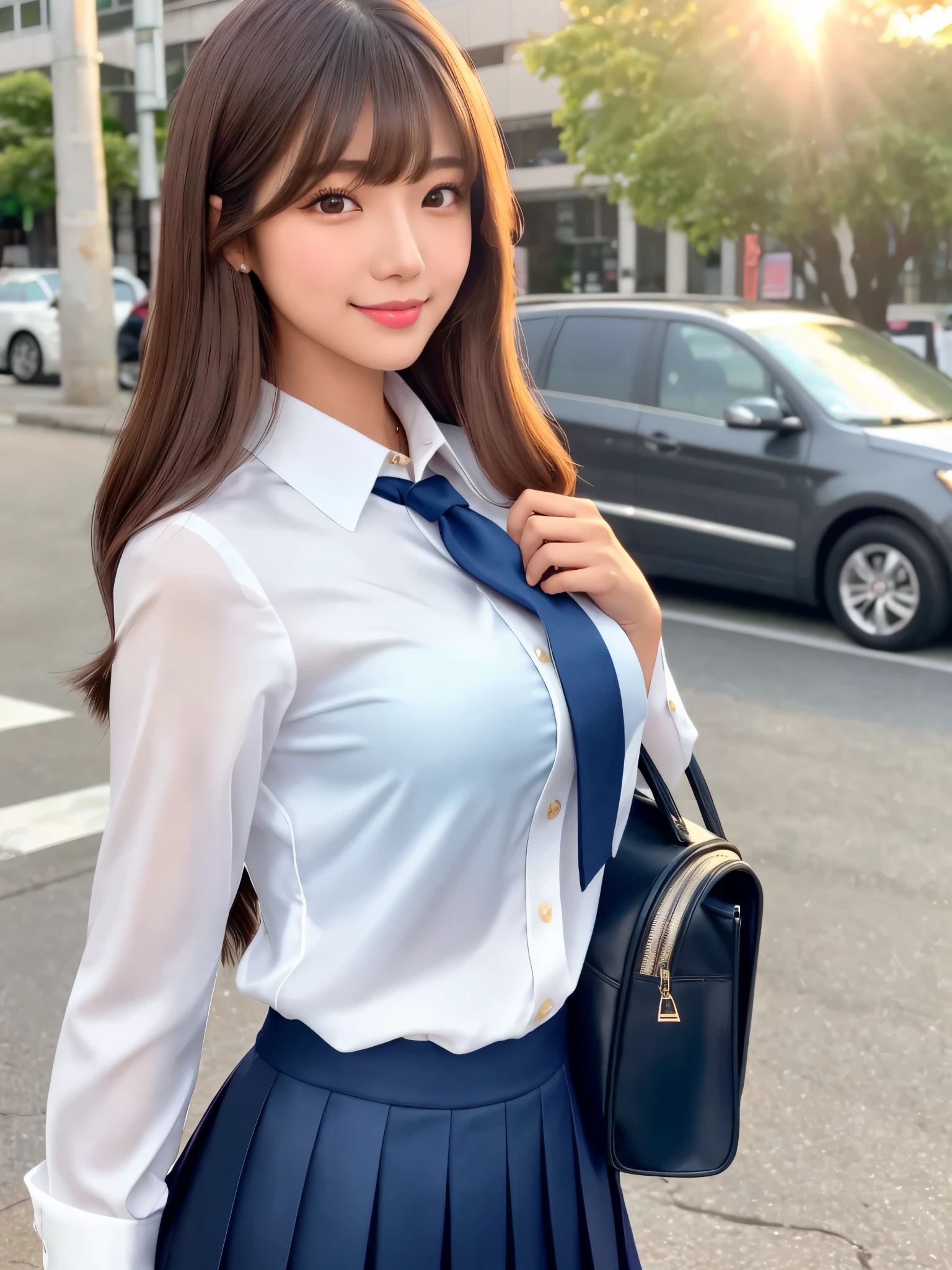 product quality, 1girl, upper body shot, front view, a Japanese young pretty girl, long bob hair, standing with a big smile in a crowded city in the sunset, glamorous figure, wearing a white collared shiny satin shirt of long sleeves, shiny satin dark blue plain long tie, dark blue pleated long skirt, school bag over her shoulder, hyper cute face, glossy lips, double eyelids in both eyes, natural makeup, long eyelashes, shiny smooth light brown long bob hair, asymmetrical bangs, a tanned skin, central image, high resolution, high detail, detailed hairstyle, detailed face, spectacular cinematic lighting, octane rendering, vibrant, hyper realistic, perfect limbs, perfect anatomy