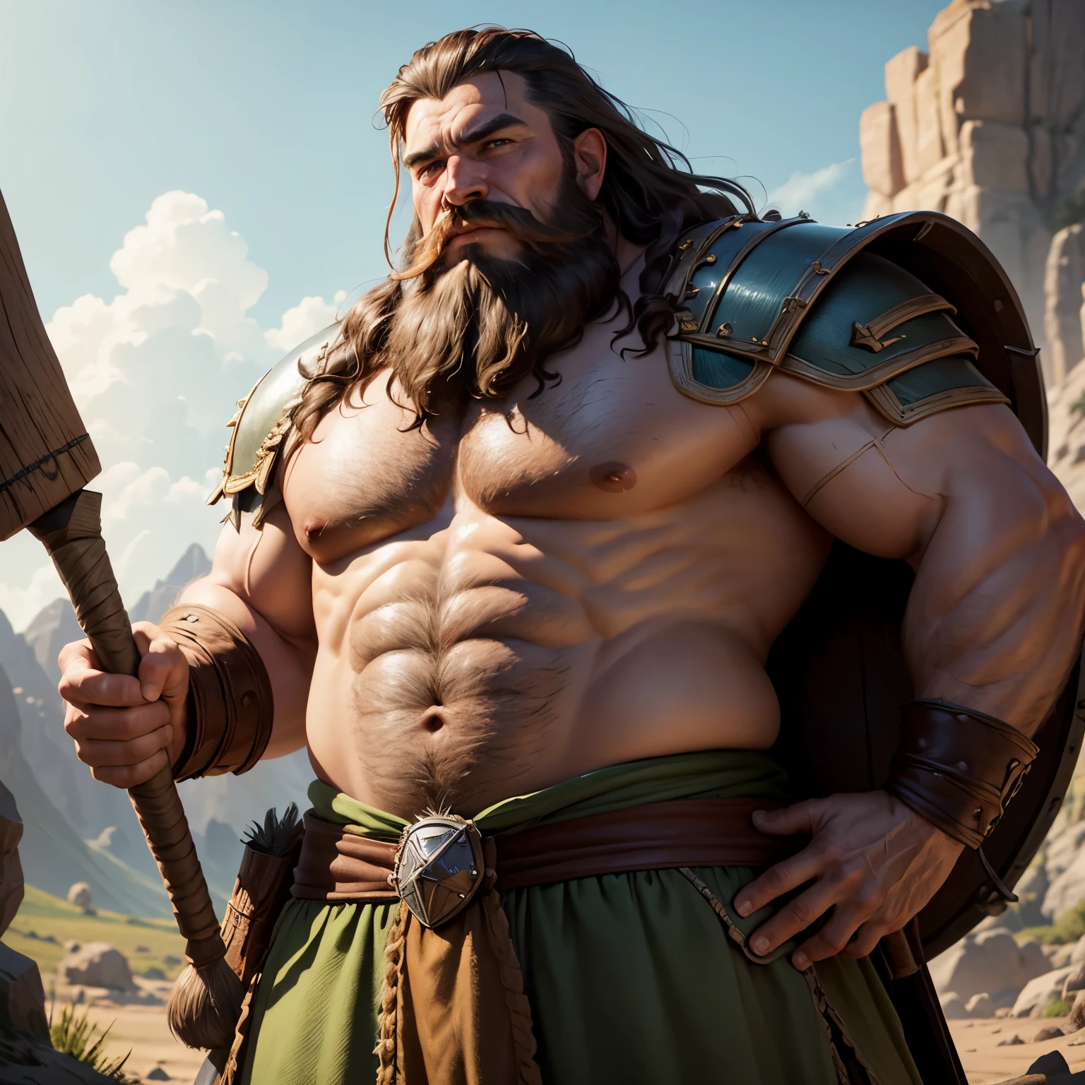 8k, masterpiece, best quality, realistic, higly detailed, cowboy shot, 1male, solo, dwarf, shield dwarf, mountain dwarf, 4'7ft. tall, fair skin, green eyes, long light brown hair, large beard and mustache, dnd, d&d, dungeons and dragons, dungeons & dragons, rpg, barbarian