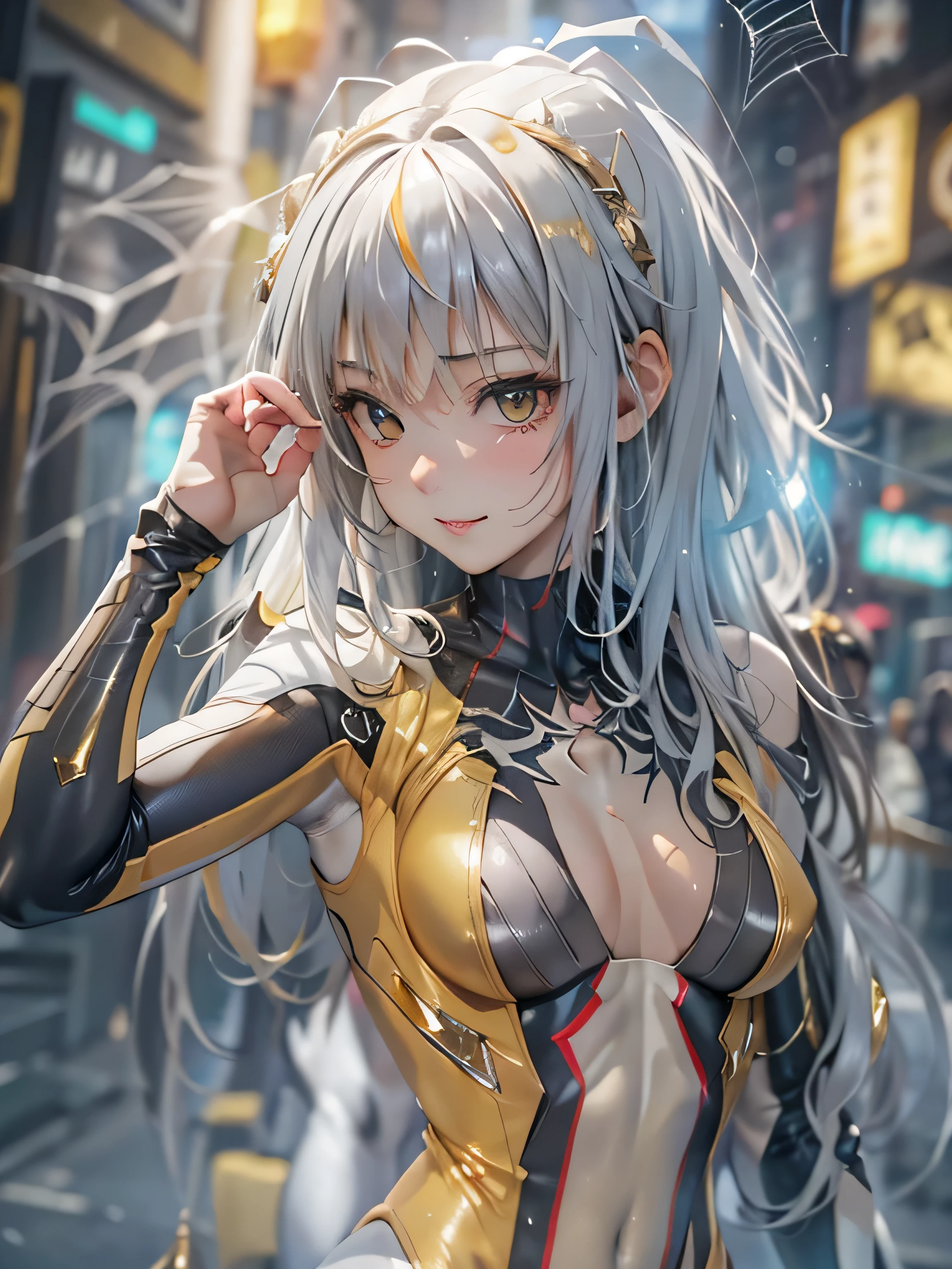 (photorealistic:1.8, highest quality:1.8,8K masterpiece:1.8,High resolution,muste piece:1.8,RAW Photos,cinematic lighting),No split screen, cyber punk、Back alley of the city at night、rain-soaked ground、vapor、
(1 android girl:1.3)、Completely naked、choker、beautiful breasts、Professional Wrestling Masks、spider girl、(Misaka Mikoto)、
(High leg white spider tight suit:1.7)、((Moderate chest:1.3)、Arachne tattoo on chest、Arachne:1.2)、
(look back、open your legs wide、squat、raise your hand:1.2)、(Body fluid adhesion:1.4)、spiderweb、The white body contains Arachne threads.、plump nipples、Nipples are visible through the costume,cameltoe,
(Beautiful shining yellow-blue-white-gray-gold hair:1.5)、Shy Smile