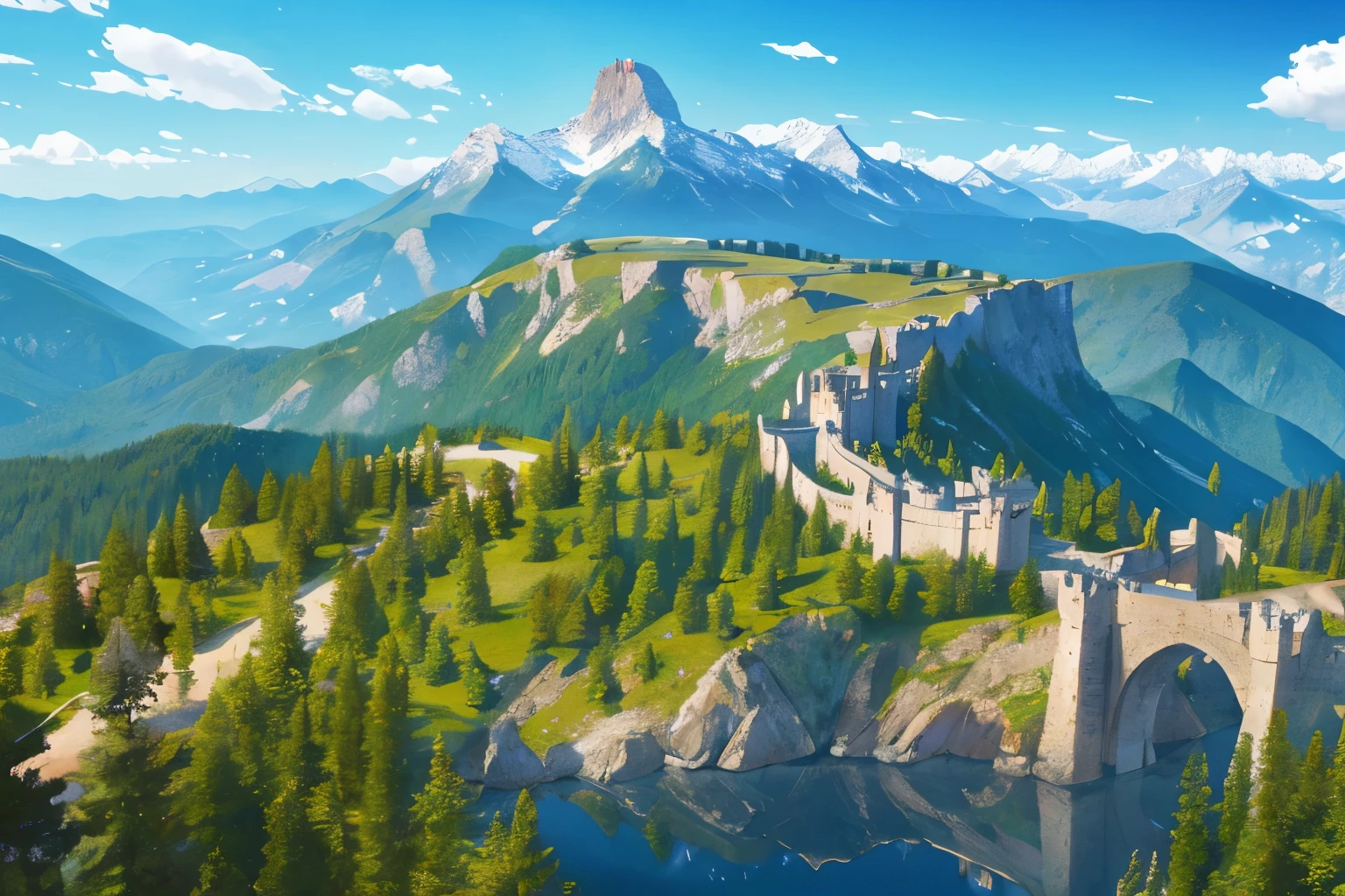 wide shot, massive distant kingdom, mountains, pine forests, empty sky, clear sky, distant castles, distant waterfall, lone medieval bridge, distant towers, masterpiece, 4k, from below,
