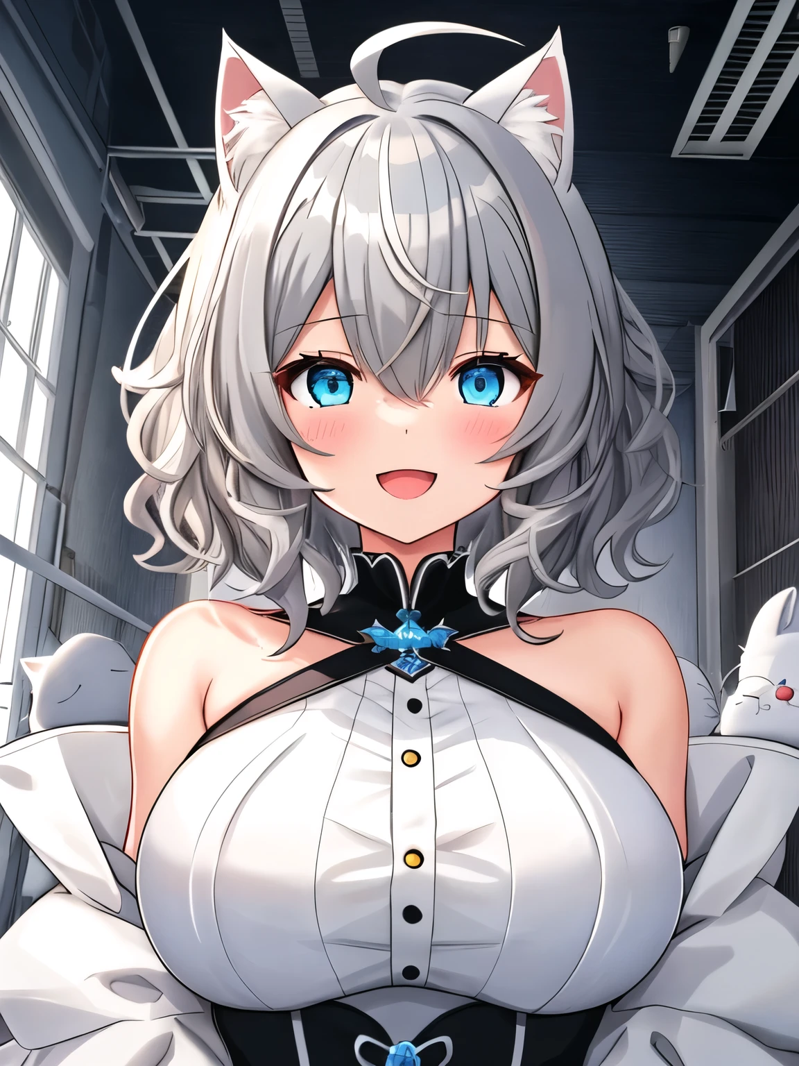 looking at the viewer, 1 girl, smile, Open mouth、Virtual YouTuber、with a girl、((highest quality, expensive_solve, clear_image)),(gray hair), (white cat ears), (Ahoge), (ridiculously short hair), (wavy hair), (blue eyes),、anxious face、very big breasts、wearing a black wedding dress、