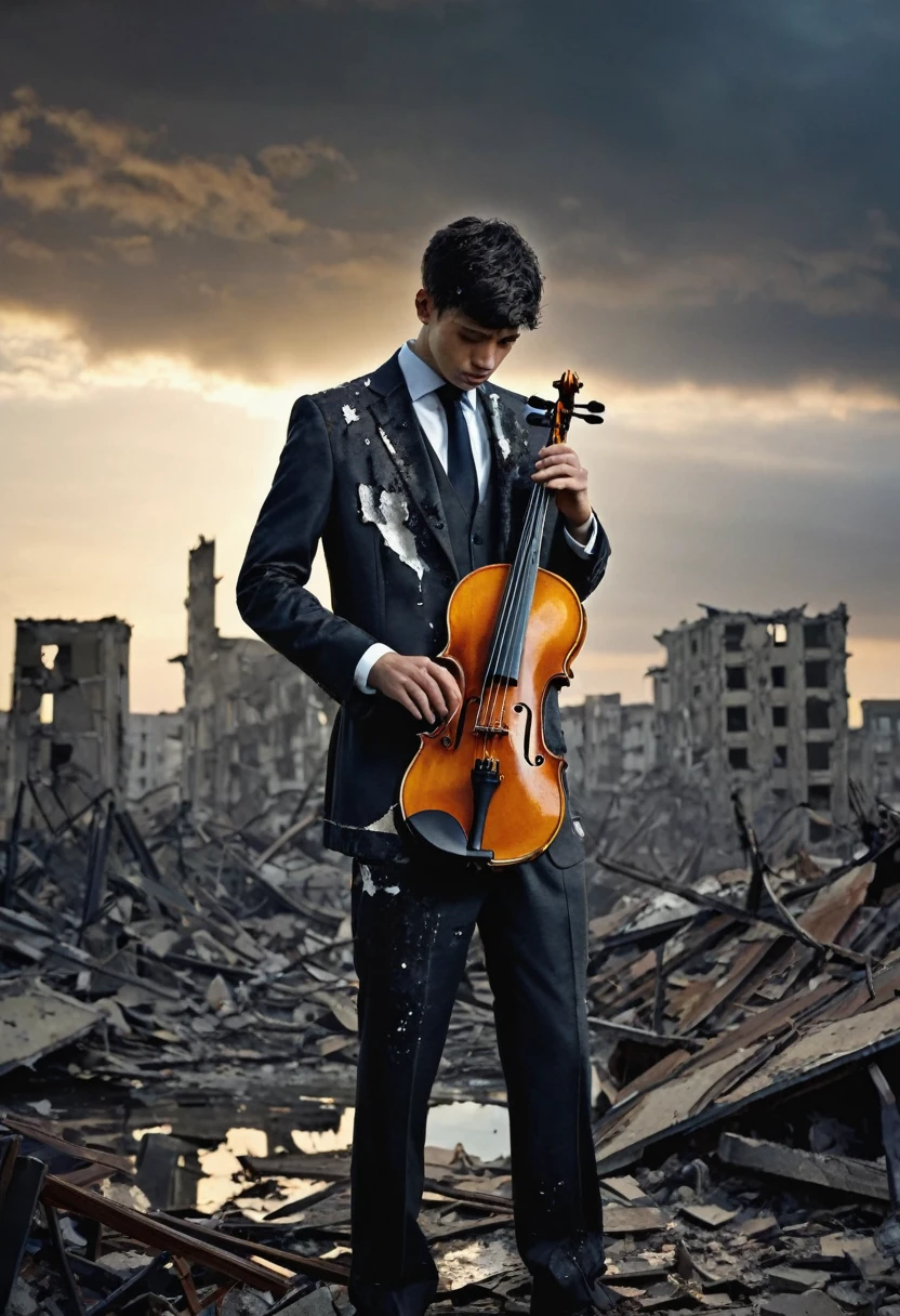 A young man made of ral-dissolve, wearing a tattered suit and playing a haunting melody on his violin, stands in the midst of a destroyed city. His face is ideal but sad, reflecting the horrors of war that have surrounded him. Despite the devastation, the man represents hope and life, a beacon of light in the darkness. The early sunrise casts a warm glow through the clouds, illuminating the scene with a sense of promise and renewal. The ral-dissolve technique creates a sense of ethereal beauty, emphasizing the man's connection to the spiritual realm. The overall mood is one of melancholy and reflection, a poignant reminder of the fragility of life and the power of hope in the face of adversity.