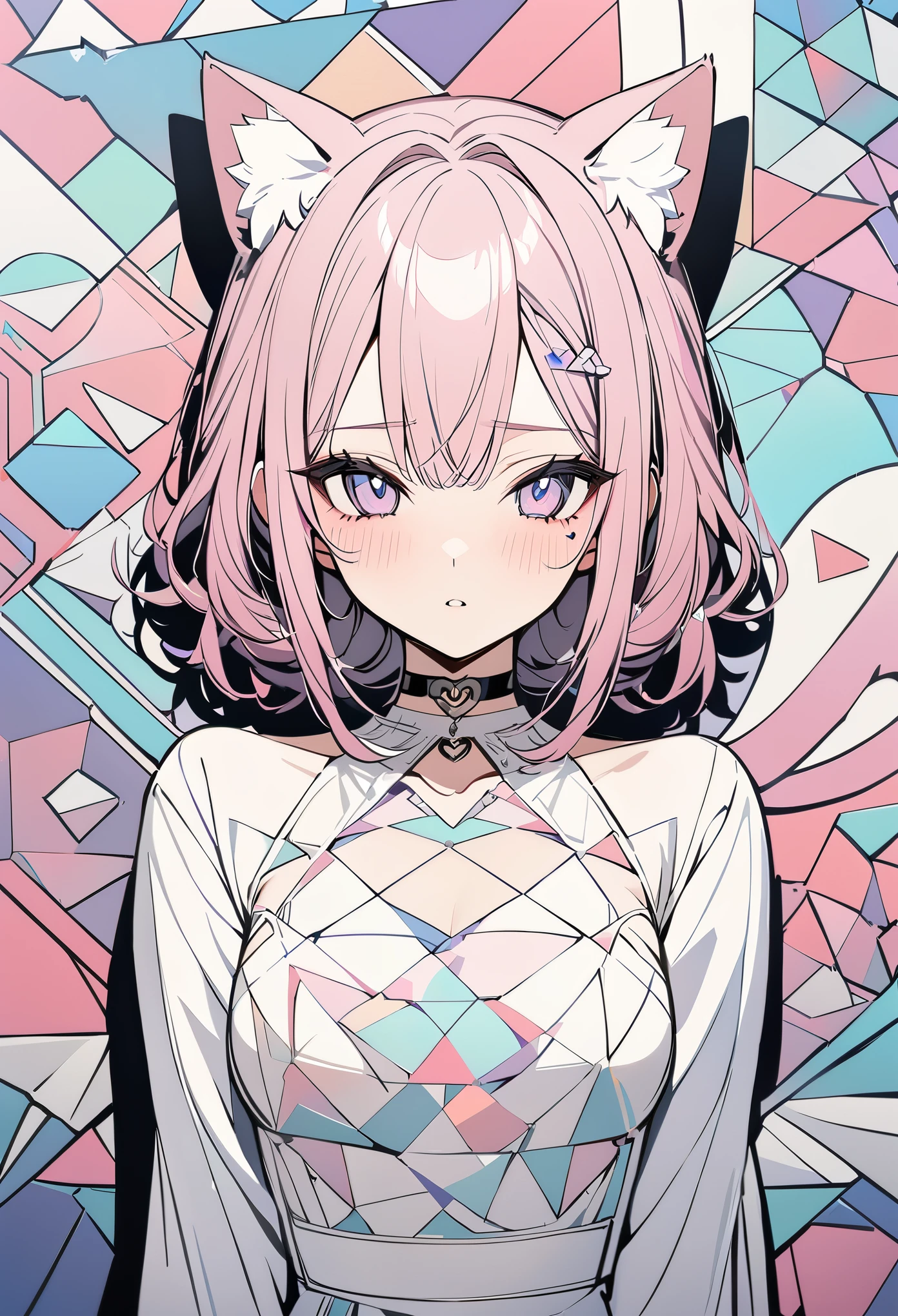 ,beautiful flower々）,mole under eye, heart shaped choker, (masterpiece, highest quality), official art, beautiful and aesthetic: 1.2), (1 girl), very detailed, (geometry art: 1.3), colorful、pink bob hair、Cat ear、 whole body