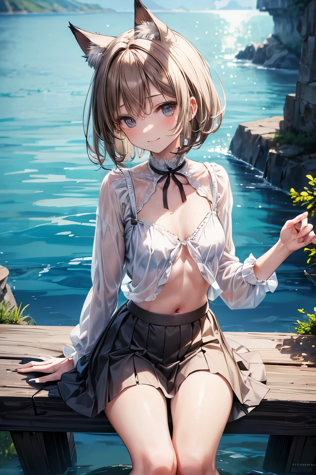 ((Masterpiece)), ((best quality)), (High Definition:1.3), (Professional Photography:1.2), 8K, Textured skin, cinematic lighting, 1girl, wide-shot, (White front-knotted shirt:1.3), cleavage, exposed neck, (open-necked shirt), (Cute innocent girl), slendar body, small breast, glossy medium hair, (short hair), (Wearing tutu skirt), beautiful collarbones, (exposed stomach), cat ears, pale brown hair, innocent posing, (naughty smile), Beautiful and clear waterside, Hair that flutters in the wind