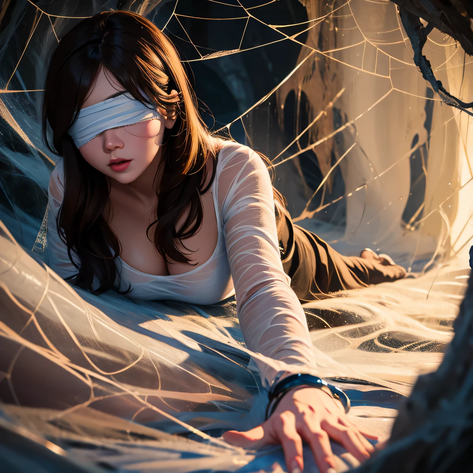 1girl,Spider weaves a net on a girl, very realistic, very detailed,bed,stretched, dark cave, struggle in the net,brown haired, very long sheer skirt,lying down,(blindfold:1.4)