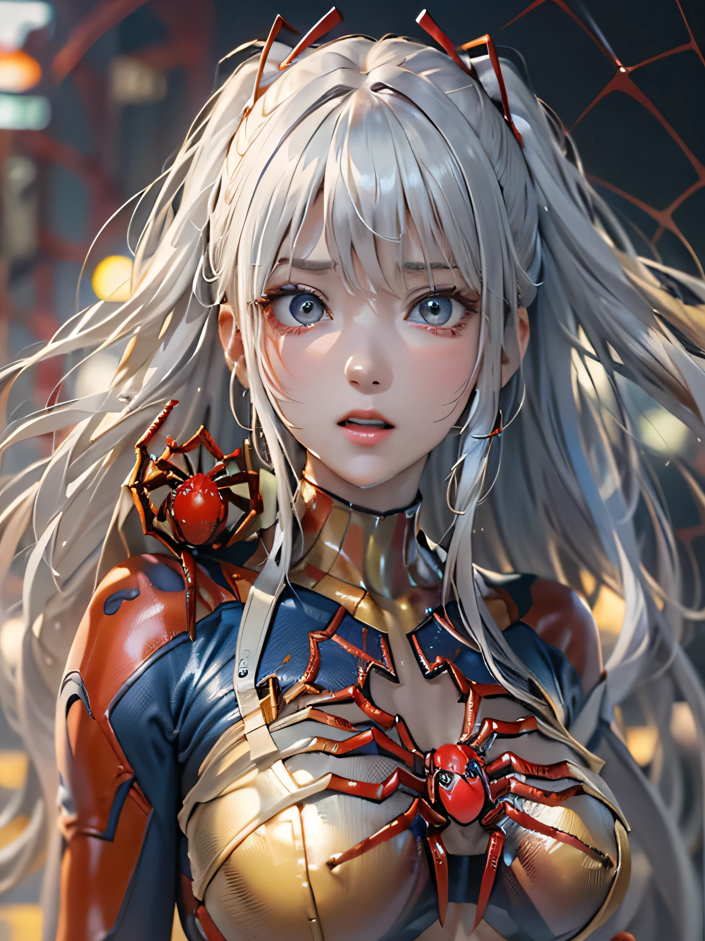 (photorealistic:1.8, highest quality:1.8,8K masterpiece:1.8,High resolution,muste piece:1.8,RAW Photos,cinematic lighting),No split screen, cyber punk、Back alley of the city at night、rain-soaked ground、vapor、
(1 android girl:1.3)、Completely naked、choker、beautiful breasts、Professional Wrestling Masks、spider girl、(Rei Ayanami)、
(High leg red spider tight suit:1.7)、((Moderate chest:1.3)、Arachne tattoo on chest、Arachne:1.2)、
(look back、open your legs boldly、squat、raise your hand:1.2)、(Body fluid adhesion:1.4)、spiderweb、The white body contains Arachne threads.、plump nipples、Nipples are visible through the costume,cameltoe,
(Beautiful, shining yellow, red, blue, white, gray, gold hair:1.5)、Disdainful