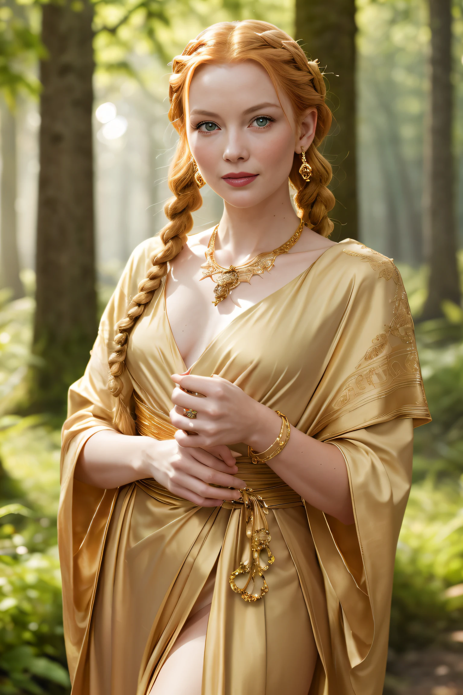 (Grace Kelly:Marilyn Monroe:0.5), A 35-year-old woman with ginger hair, high detail face, high detail skin, detailed green eyes, twin braids, a gold necklace with a ruby pendant, wearing a plunging white Greek robe, Roman sandals, gold bracelets on her arms, legs, forest in the background, masterpiece, extremely high detail, cinematic lighting, backlight, shallow depth of field, bokeh, sharp focus, RAW photo