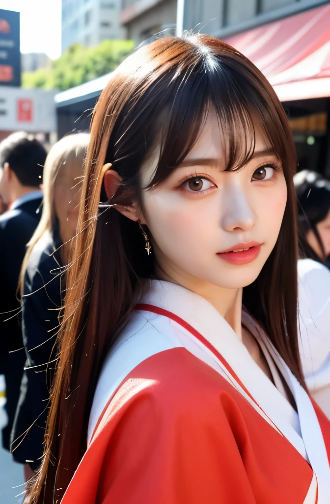 A beautiful Japanese cosplayer with a stunning makeup, wearing a detailed cosplay costume, surrounded by a vibrant crowd. The cosplayer is the center of attention, with intricate details on her eyes, lips, and face. The costume is made with high-quality materials, resembling the character perfectly. The background is filled with enthusiastic people, creating an energetic atmosphere. The image quality is exceptional, with ultra-detailed features and realistic textures. The art style is inspired by Japanese manga and anime, giving the image a dynamic and vibrant look. The color tone is vibrant and vivid, showcasing the character's vibrant personality. The lighting is bright and well-balanced, highlighting the cosplayer's stunning appearance.