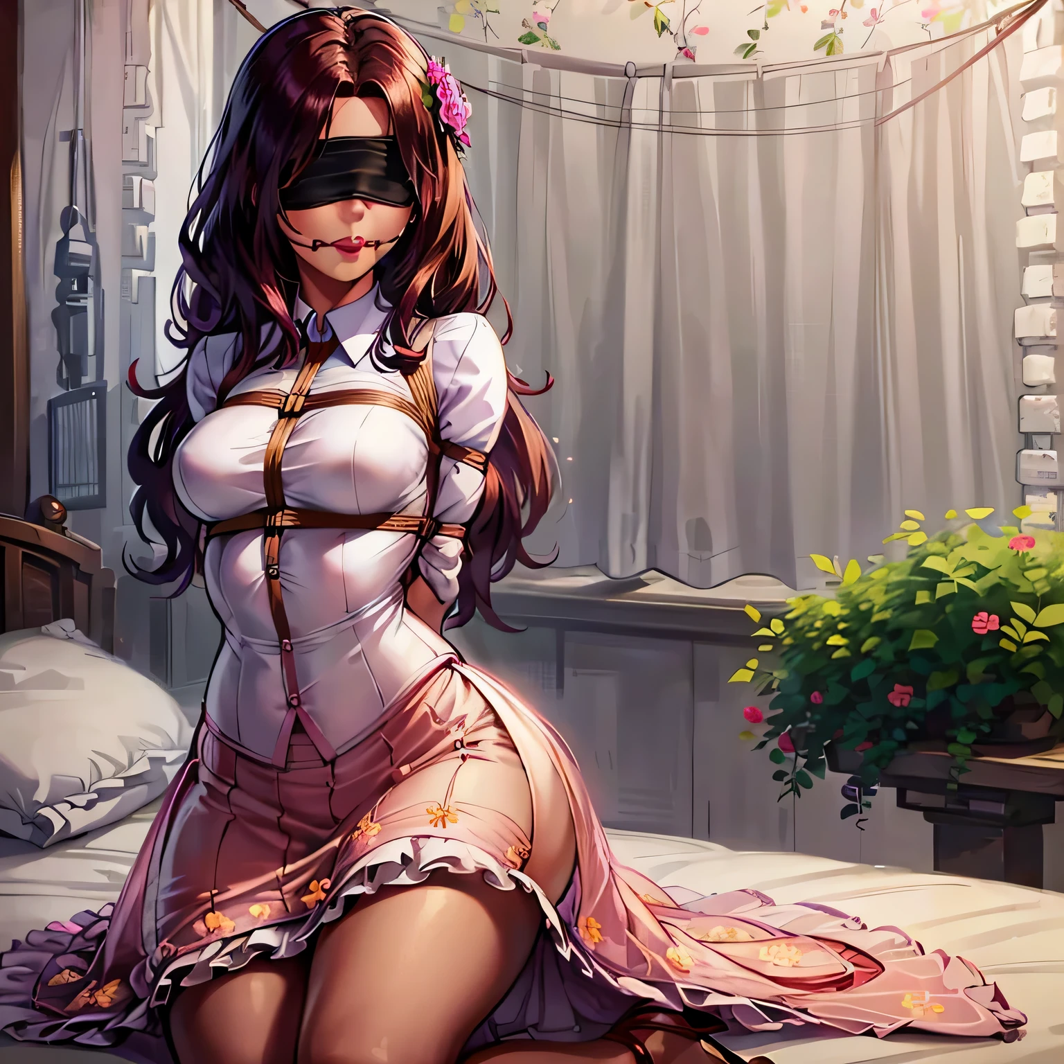 1girl,(bright lighting,romantic setting),dreamy background,,dark hair, mesmerizing gaze, , soft skin, alluring beauty, artistic portrait, high-quality image, vibrant colors,long pink floral sheer skirt, mosquito net, romantic bedroom, sidesuspension,solobound,blindfold,gag