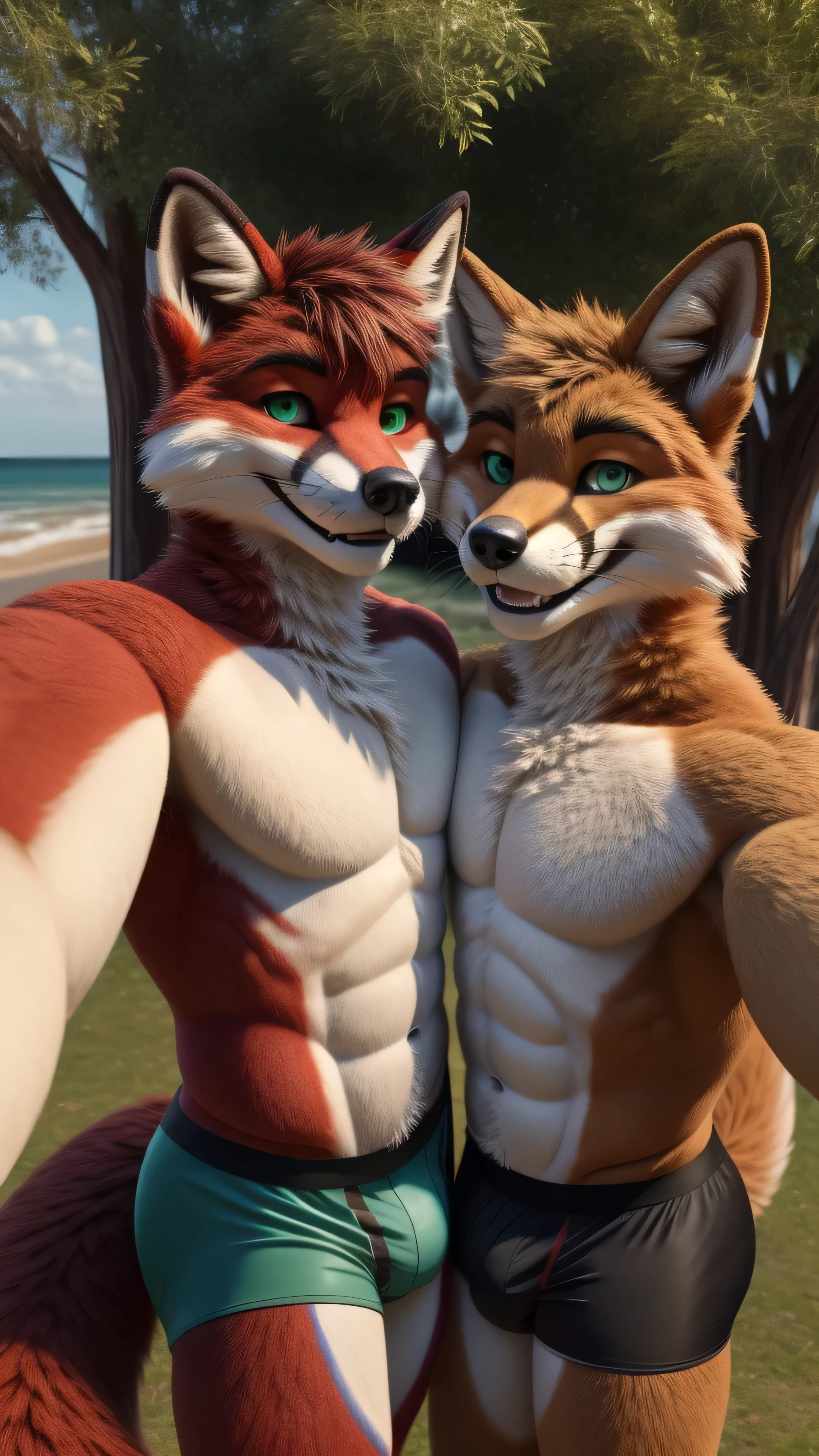 A 22 year old Australian muscular adult male Fox fursuit alone outdoors taking a selfie holding his smartphone and smiling at the camera green eyes and red fur wearing boxer briefs together with his best friend (duo:1.1)