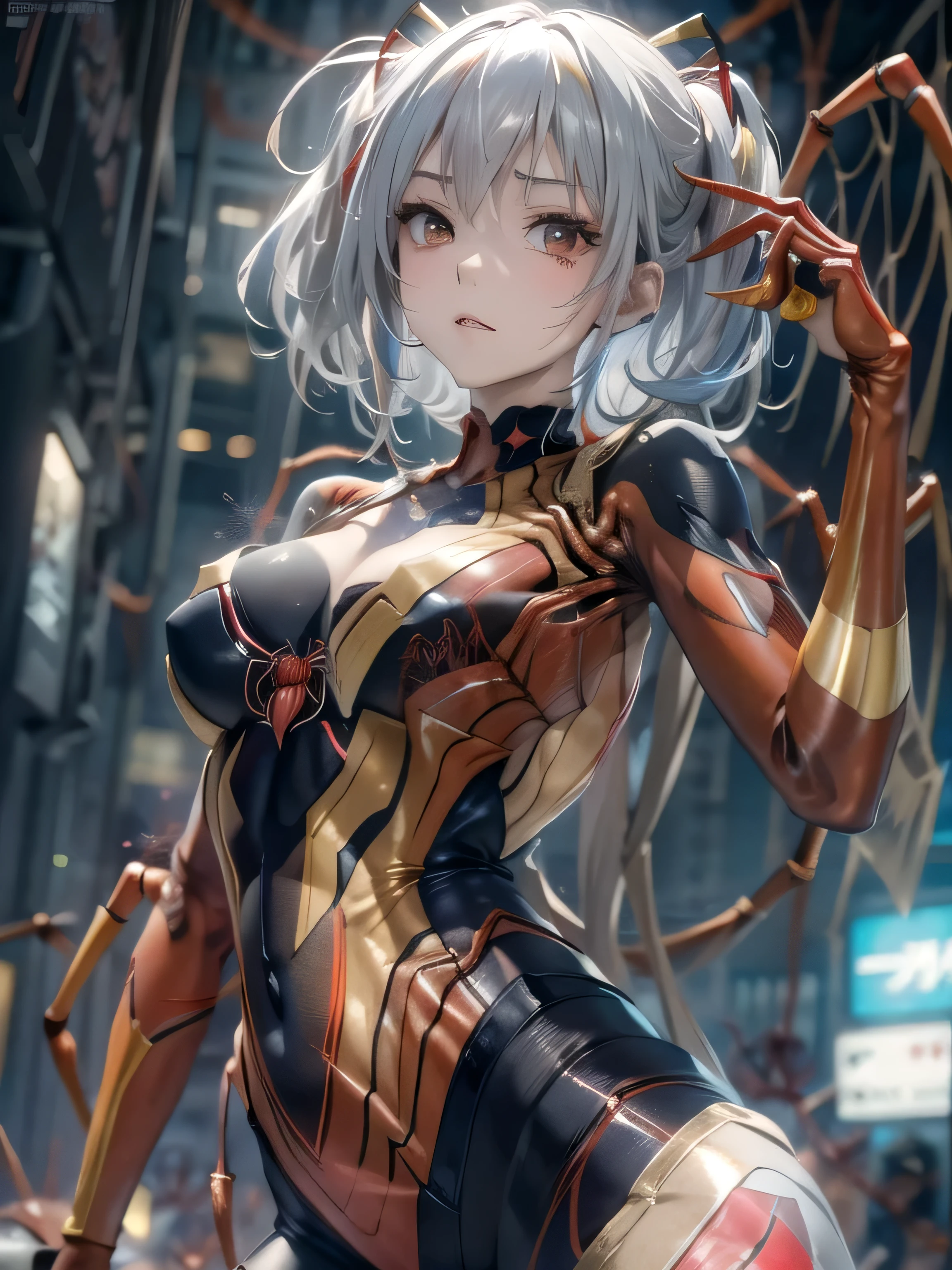 (photorealistic:1.8, highest quality:1.8,8K masterpiece:1.8,High resolution,muste piece:1.8,RAW Photos,cinematic lighting),No split screen, cyber punk、Back alley of the city at night、rain-soaked ground、vapor、
(1 android girl:1.3)、Completely naked、choker、beautiful breasts、Professional Wrestling Masks、spider girl、(Rei Ayanami)、
(High leg red spider tight suit:1.7)、((Moderate chest:1.3)、Arachne tattoo on chest、Arachne:1.2)、
(look back、open your legs boldly、squat、raise your hand:1.2)、(Body fluid adhesion:1.4)、spiderweb、The white body contains Arachne threads.、plump nipples、Nipples are visible through the costume,cameltoe,
(Beautiful, shining yellow, red, blue, white, gray, gold hair:1.5)、Disdainful
