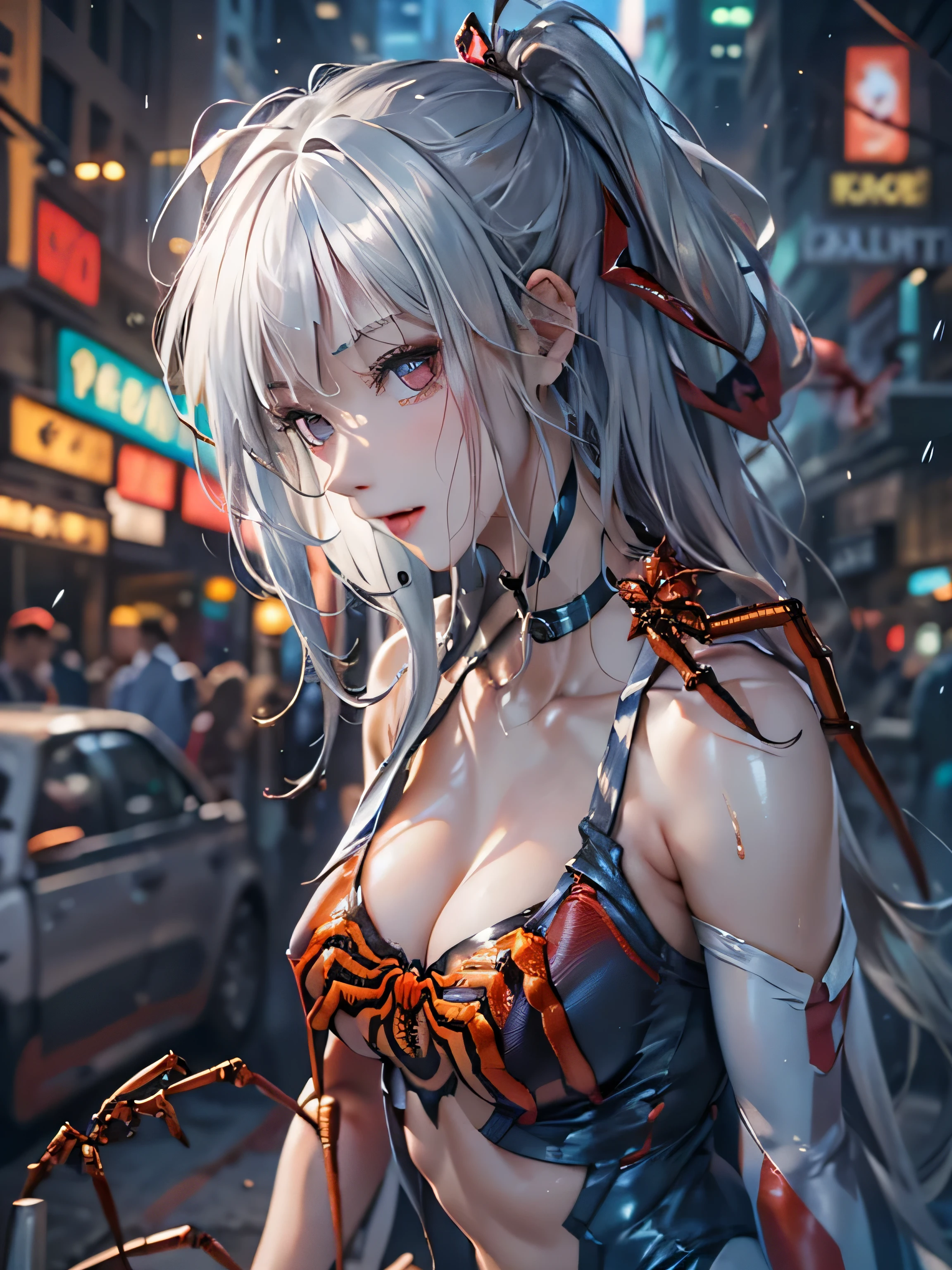 (photorealistic:1.8, highest quality:1.8,8K masterpiece:1.8,High resolution,muste piece:1.8,RAW Photos,cinematic lighting),No split screen, cyber punk、Back alley of the city at night、rain-soaked ground、vapor、 (1 android girl:1.3)、Completely naked、choker、beautiful breasts、Professional Wrestling Masks、spider girl、(Rei Ayanami)、 (High leg red spider tight suit:1.7)、((Moderate chest:1.3)、Arachne tattoo on chest、Arachne:1.2)、 (look back、open your legs boldly、squat、raise your hand:1.2)、(Body fluid adhesion:1.4)、spiderweb、The white body contains Arachne threads.、plump nipples、Nipples are visible through the costume,cameltoe, (Beautiful, shining, blue-white-silver hair:1.5)、Disdainful