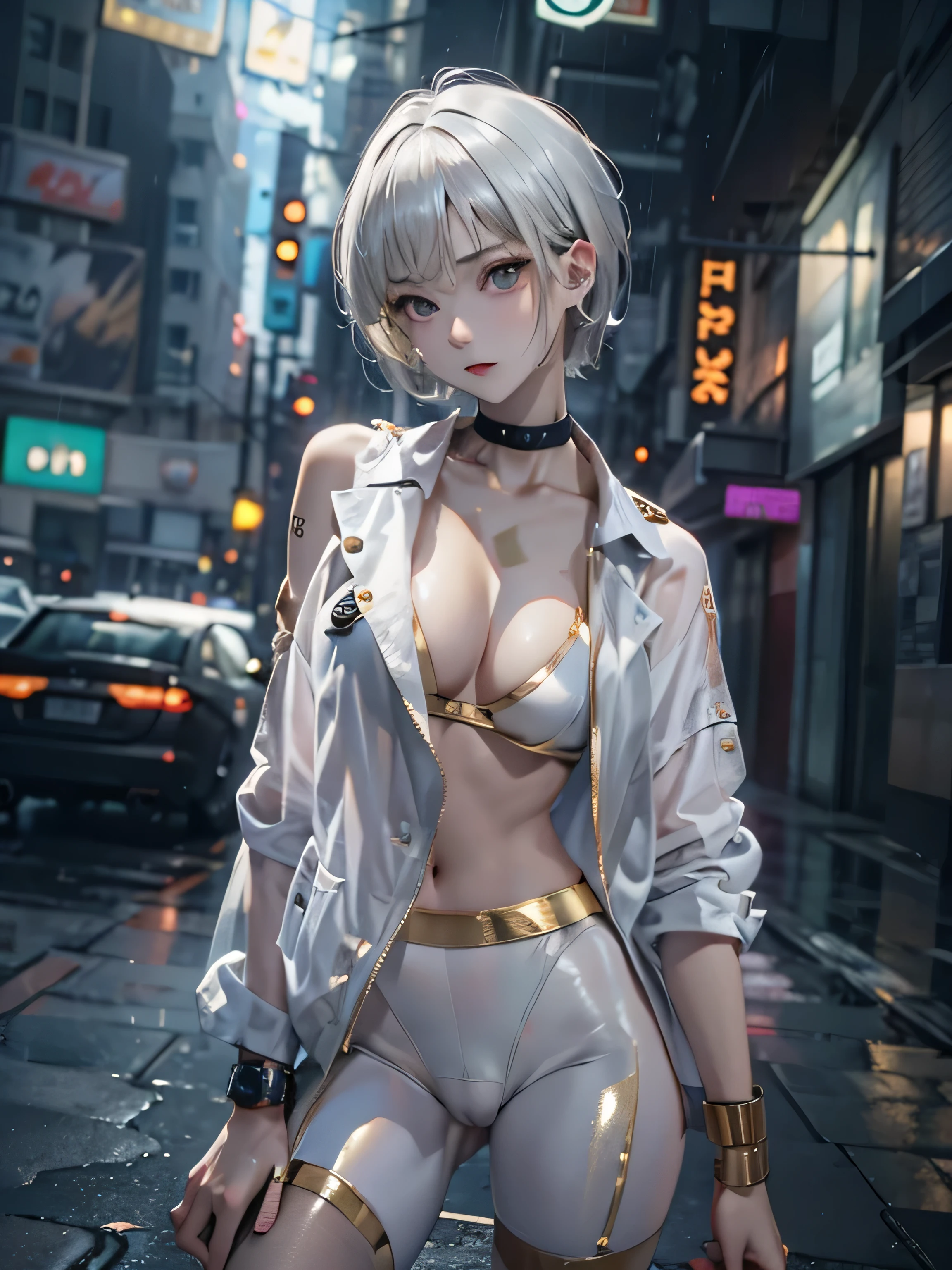 (photorealistic:1.8, highest quality:1.8,8K masterpiece:1.8,High resolution,muste piece:1.8,RAW Photos,cinematic lighting),
cyber punk、Back alley at night in the city、rain-soaked ground、vapor、
(1 android girl:1.3)、Misaka Mikoto、succubus、half coat、Completely naked、light clothing、choker、(elation:1.4)、plump nipples、(cameltoe),No split screen,slender abs:1.2、
Provocative sexy poses、look back、spread your legs、
(short Hair:1.2,Beautiful, shining pale-white, gray-gold hair:1.5)、Stoic
