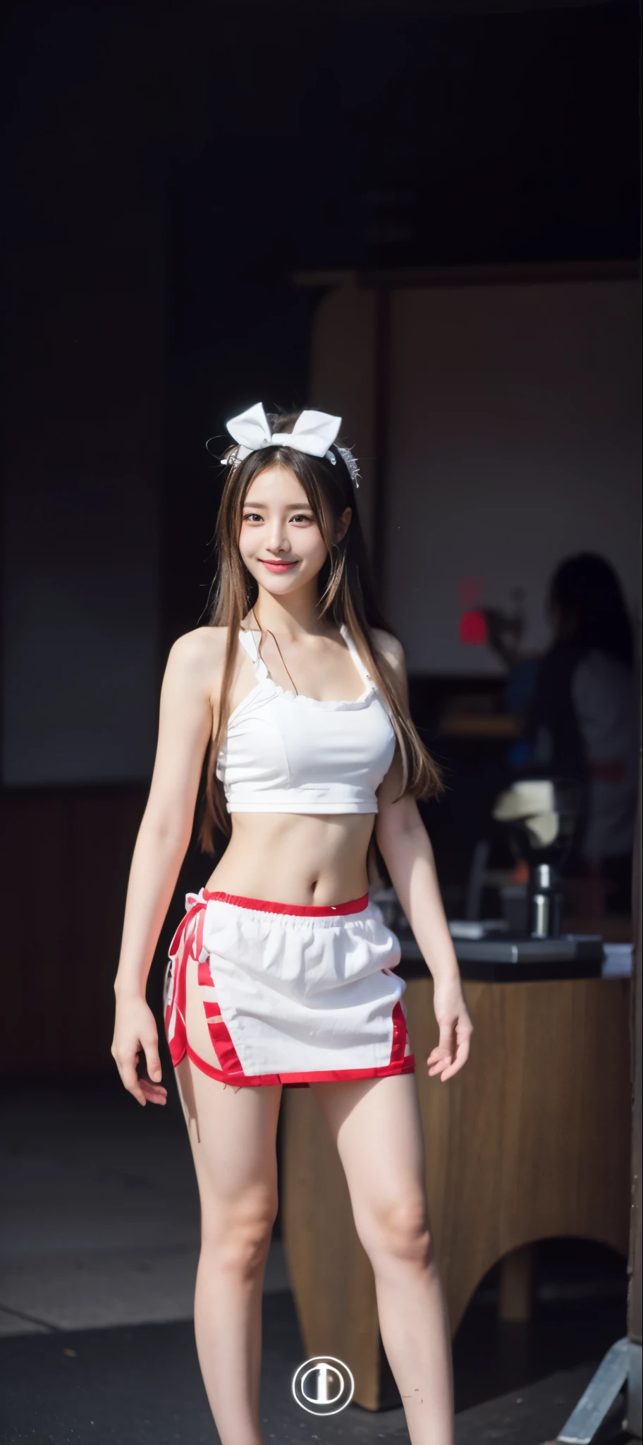 8k, masterpiece, RAW Photos, Highest quality, Realistic, Extremely detailed CG unifies 8k, 8k, diamond, wallpaper, Depth of written boundary, Cinematic Light, Lens flare, Ray Tracing, (Very beautiful face, Beautiful Lips, Beautiful Eyes), Exquisitely detailed face, ((Highly detailed skin)) One girl, In the Dark, Deep Shadow, Cute Korean Girl, K-Pop Idols, 1 Girl, (Very slim and slender muscular body:1.3), ((Displaying the viewer)),(Big smile:1.3), (Blurred Background), In the living room),(There is no one in the background:1.3), Beautiful earrings, Bangles, necklace, pantyhose, Clear Eyes, walking, (Pale skin), (Big eyes), Look forward, (Brown Hair), (Full Body Shot), ((Skinny Women's Suits:1.3)), ((White suit jacket,Red tie,Thong Panties)), ((White suit jacket,Red tie,Thong Panties)), (Displaying the viewer:1.3) Open chest, Very slim, Big Breasts, Turn back, (Buckshot), Ass Focus, In front of eyebrows,(Skinny Women's Clothing), Thick thighs