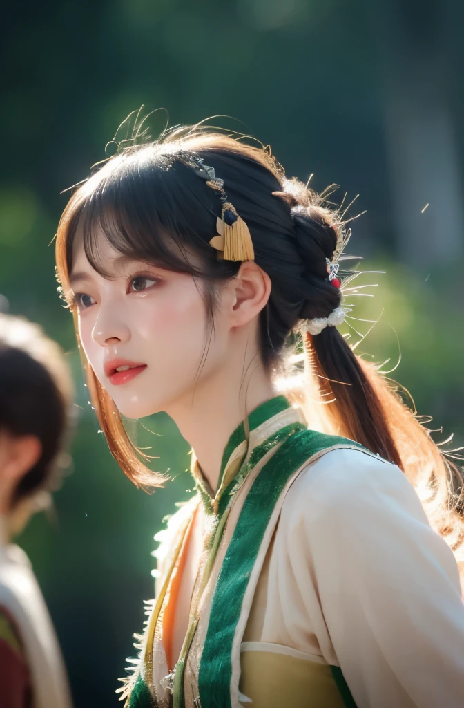 chinese cosplayer, in front of a camera, wearing luxurious ancient cosplay, background of people
(best quality,4k,8k,highres,masterpiece:1.2),ultra-detailed,(realistic,photorealistic,photo-realistic:1.37),HDR,UHD,studio lighting,ultra-fine painting,sharp focus,physically-based rendering,extreme detail description,professional,vivid colors,bokeh,cosplay,ancient China,fantasy,mythical creatures,beauty,graceful motion,colorful costumes,elaborate jewelry,ornate hair accessories,ethereal atmosphere,admiring crowd,joys of performance,scene from historical drama,creative poses,elegance in motion,traditional architecture,exquisite paintings,tales from ancient lore,traditional musical instruments,cultural heritage,ensembles of silk and brocade,dramatic lighting effects,feathers and embroidery,dreamlike vibe,emerald green background,happy smiles,fluid movements,rich cultural traditions,authentic facial expressions,captured moments,lasting memories,thrilling artistic expression