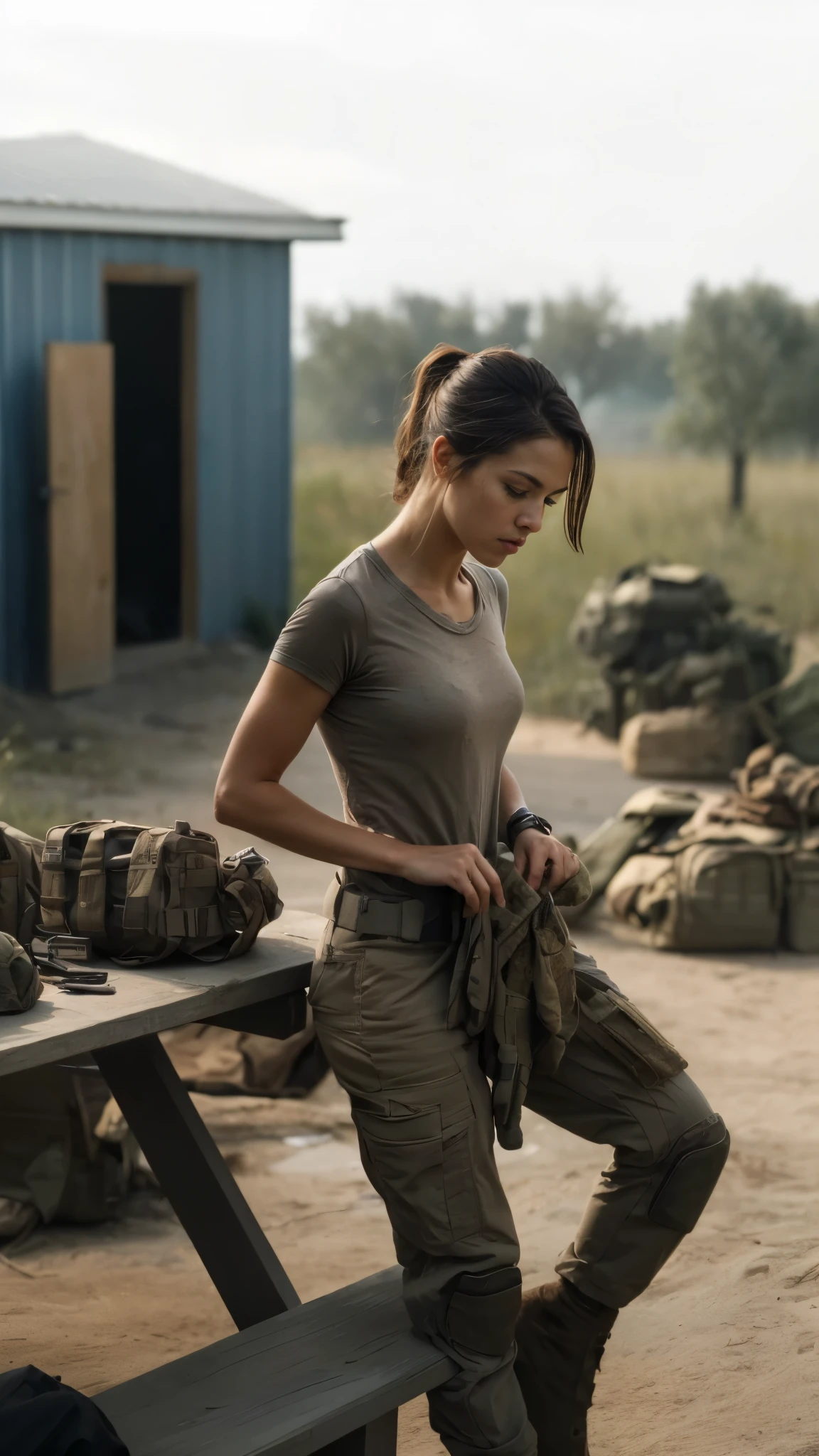 Masterpiece, a female Private Military Contractor relaxing after combat, with her gear beside her and dressed in a t-shirt, an araffe woman standing on a bench in front of a table with a bunch of items, beautiful female soldier, military girl, soldier girl, infantry girl, of a sniper girl in war, solo female character, ready for combat, resting after a hard mission, perfect military composure, female lead character, film still from 'tomb raider', wojtek fus, 16K, ultra high res.photorealistic, UHD, RAW