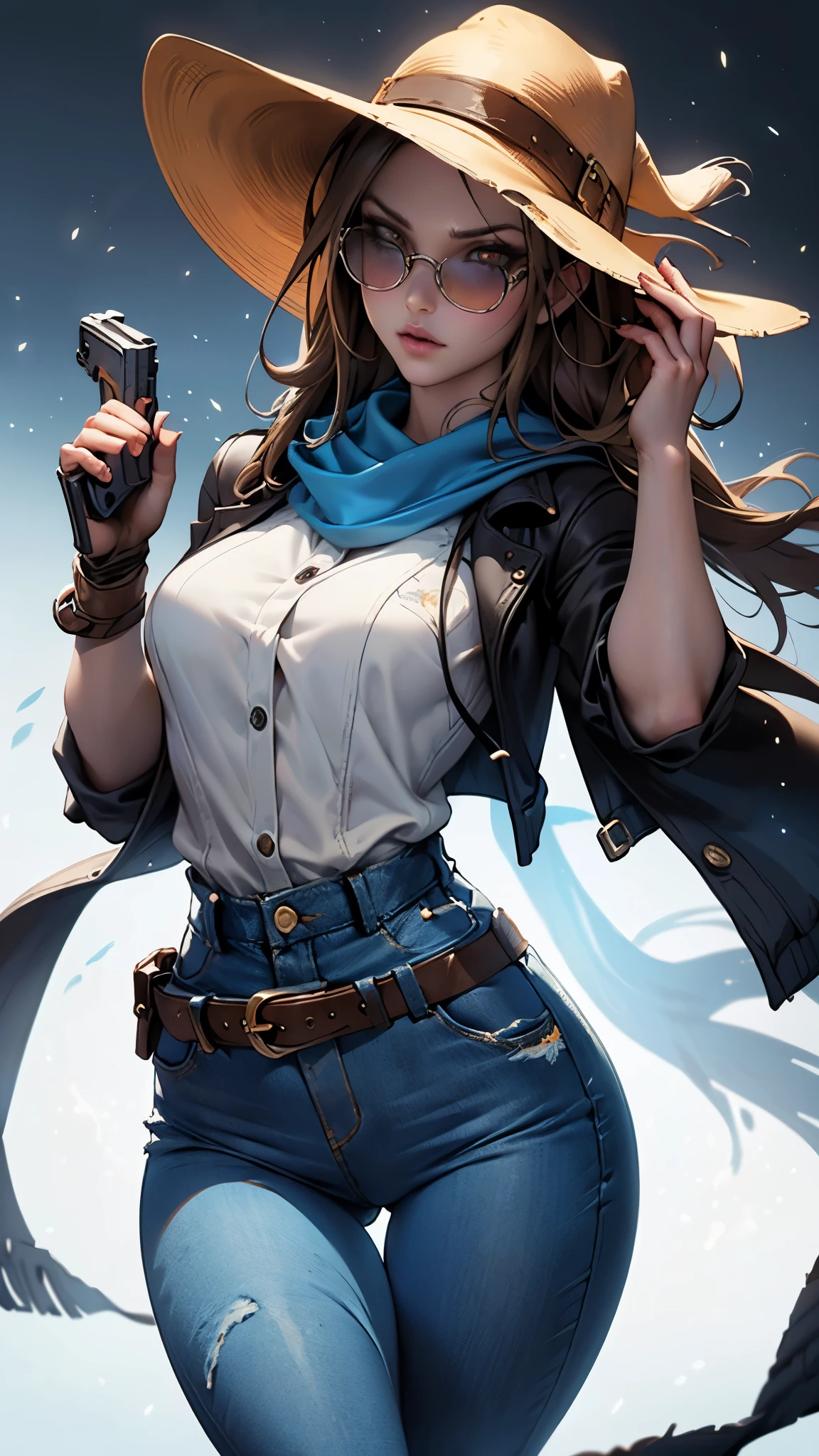 Best possible quality, 8K Ultra resolution, stunning illustration, best of all, award-winning, How to be the best, ((Cowboy hat Leather belt with buckle, guns in each hand, Action pose Add effect at the end, jeans jacket , long neck scarf, sunglasses, light brown wide pants: 1.6)), ((cyan, brown, white colors: 1.5)), epic desert setting: 1.5, photorealistic: 1.4, skin texture: 1.4 , super masterpiece, super detailed, hyper detailed, 32k