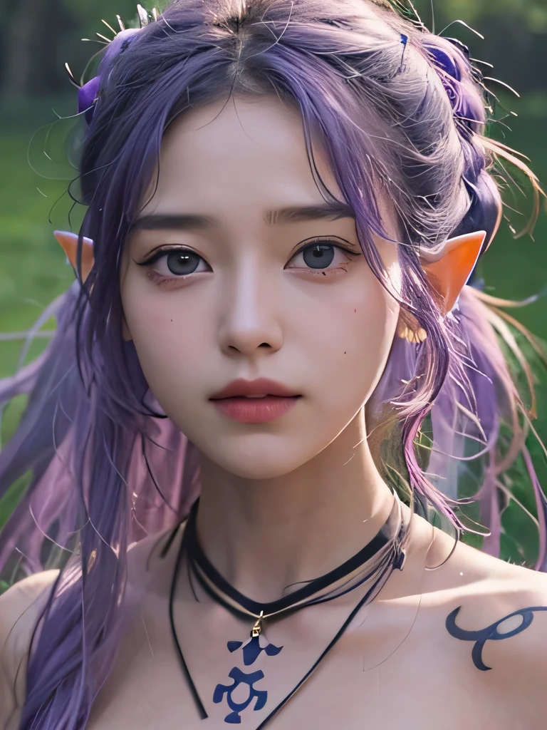 live-action、Realistic、A young girl standing on a meadow、The age is6age、16K、naked、Small breasts、completely naked、close up of face、twin tails、bright purple hair、blue eyes、Purple Hair、elf ears、small nipples、clavicle、Ethnic tattoo on neck、young girl、