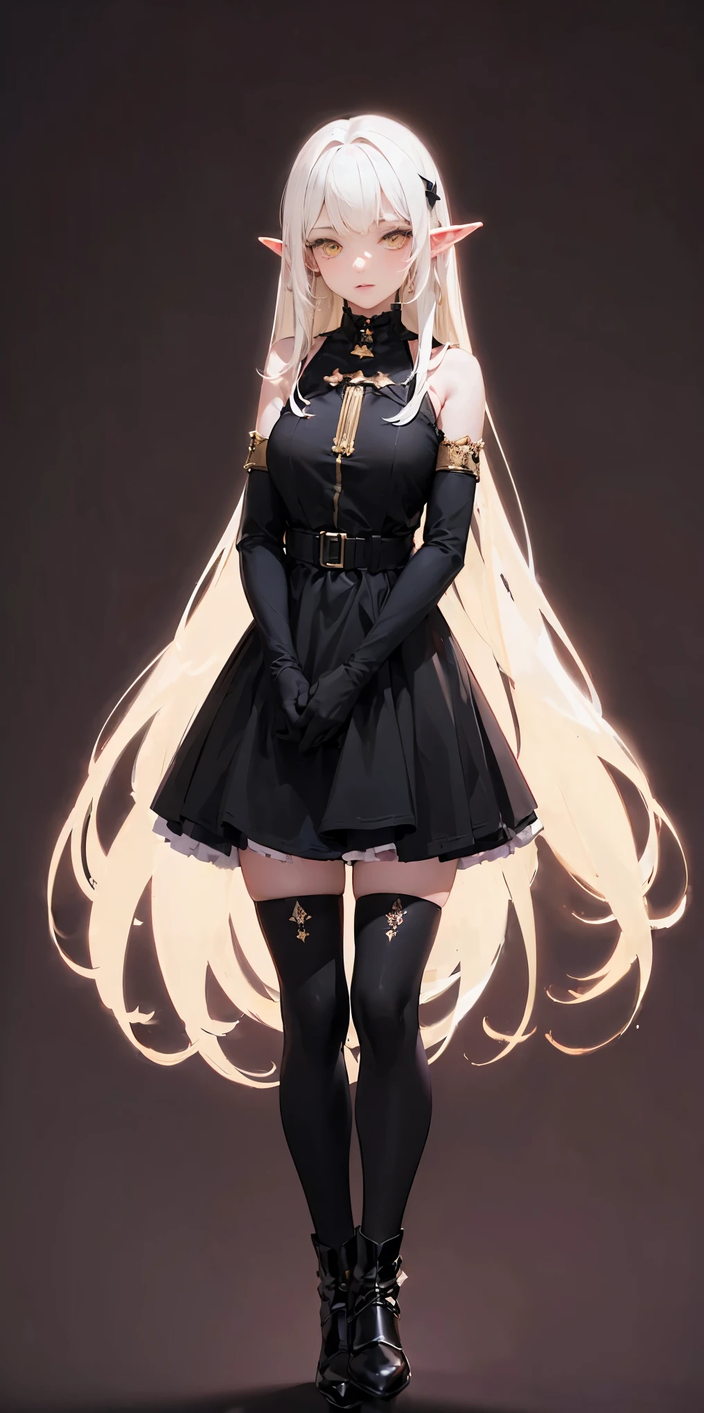 ((BLACK BACKGROUND1:2)) masterpiece, best quality, high quality, 1solo white SKIN elf, long hair, white hair, yellow eyes, full body, def_effie, blue breastplate, looking at viewer, shiny,armor, thighhighs, high boots,shoulder armor, faulds, poleyn, gloves, gauntlets, FEET TOGETHER STANDING SYMMETRICAL, female elf big knockers bikini armor