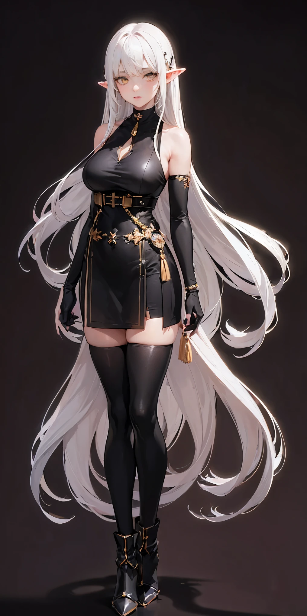 ((BLACK BACKGROUND1:2)) masterpiece, best quality, high quality, 1solo white SKIN elf, long hair, white hair, yellow eyes, full body, def_effie, blue breastplate, looking at viewer, shiny,armor, thighhighs, high boots,shoulder armor, faulds, poleyn, gloves, gauntlets, FEET TOGETHER STANDING SYMMETRICAL, female elf big knockers bikini armor