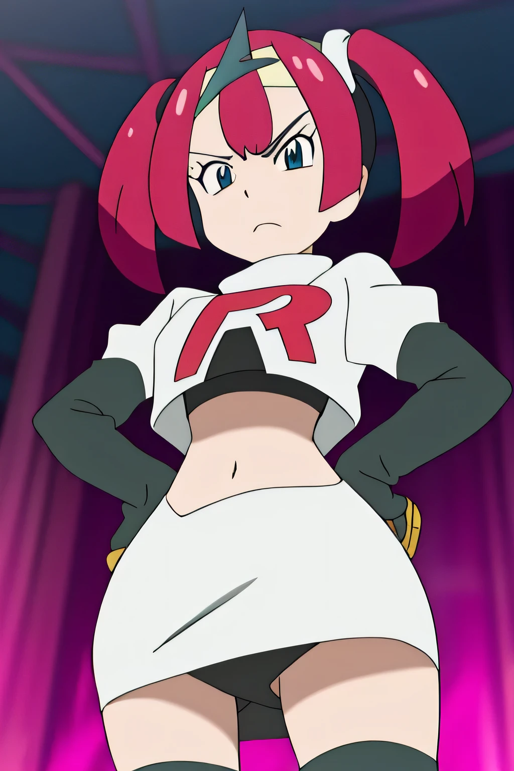 8k, masterpiece,highres, team rocket uniform, red letter r, white skirt,white crop top,black thigh-high boots, black elbow gloves, glaring angrily, looking down at viewer, hands on hips, cowboy shot,zettai ryouiki,from below, black panties,anime style, vivid colors, sharp focus, intense lighting,sango, pokemon