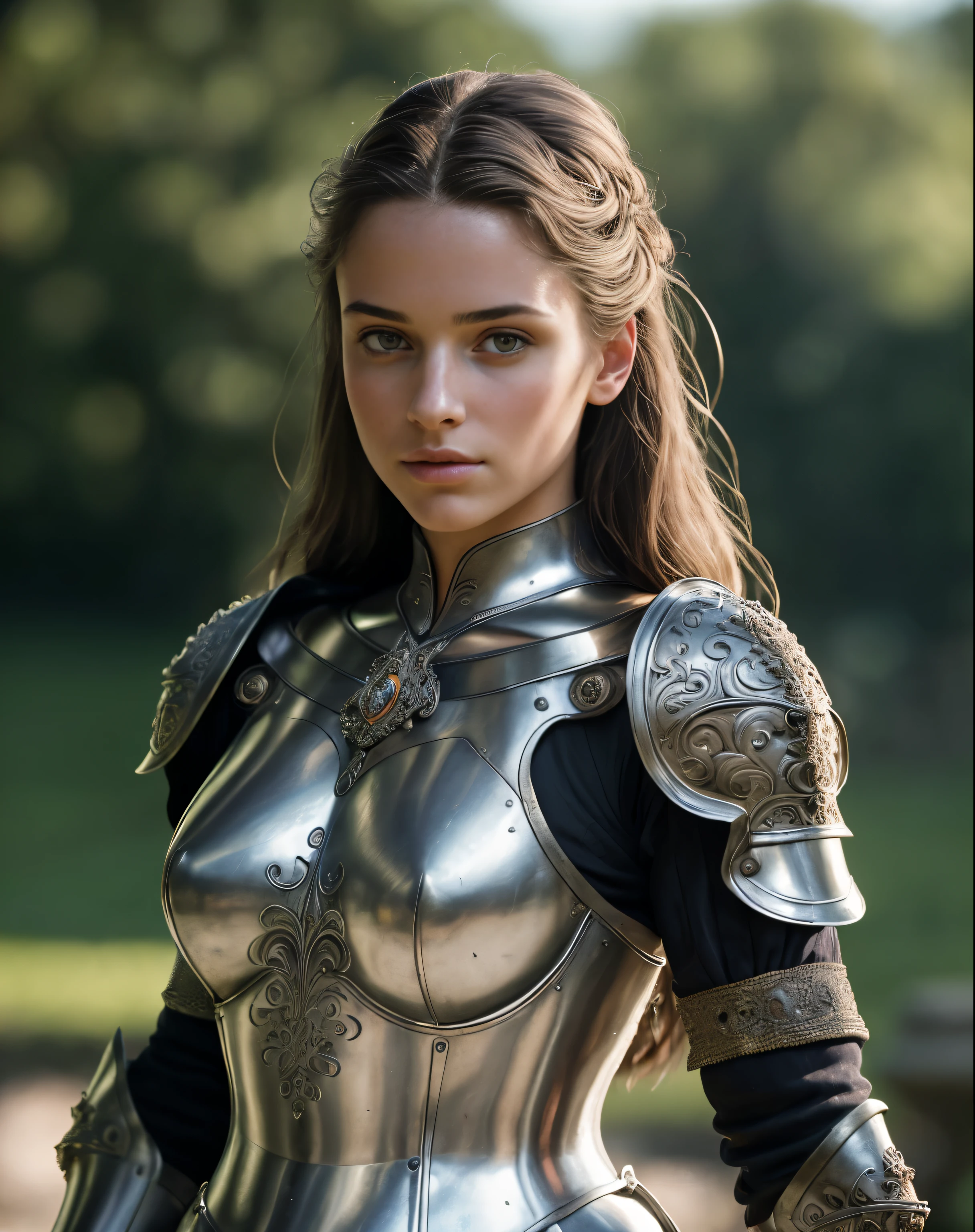 (masterpiece), (extremely intricate:1.3),, (realistic), portrait of a girl, the most beautiful in the world, (medieval armor), metal reflections, upper body, outdoors, intense sunlight, far away castle, professional photograph of a stunning woman detailed, sharp focus, dramatic, award winning, cinematic lighting, octane render, unreal engine, volumetrics dtx, (film grain, bokeh, blurry foreground, blurry background), crest on chest