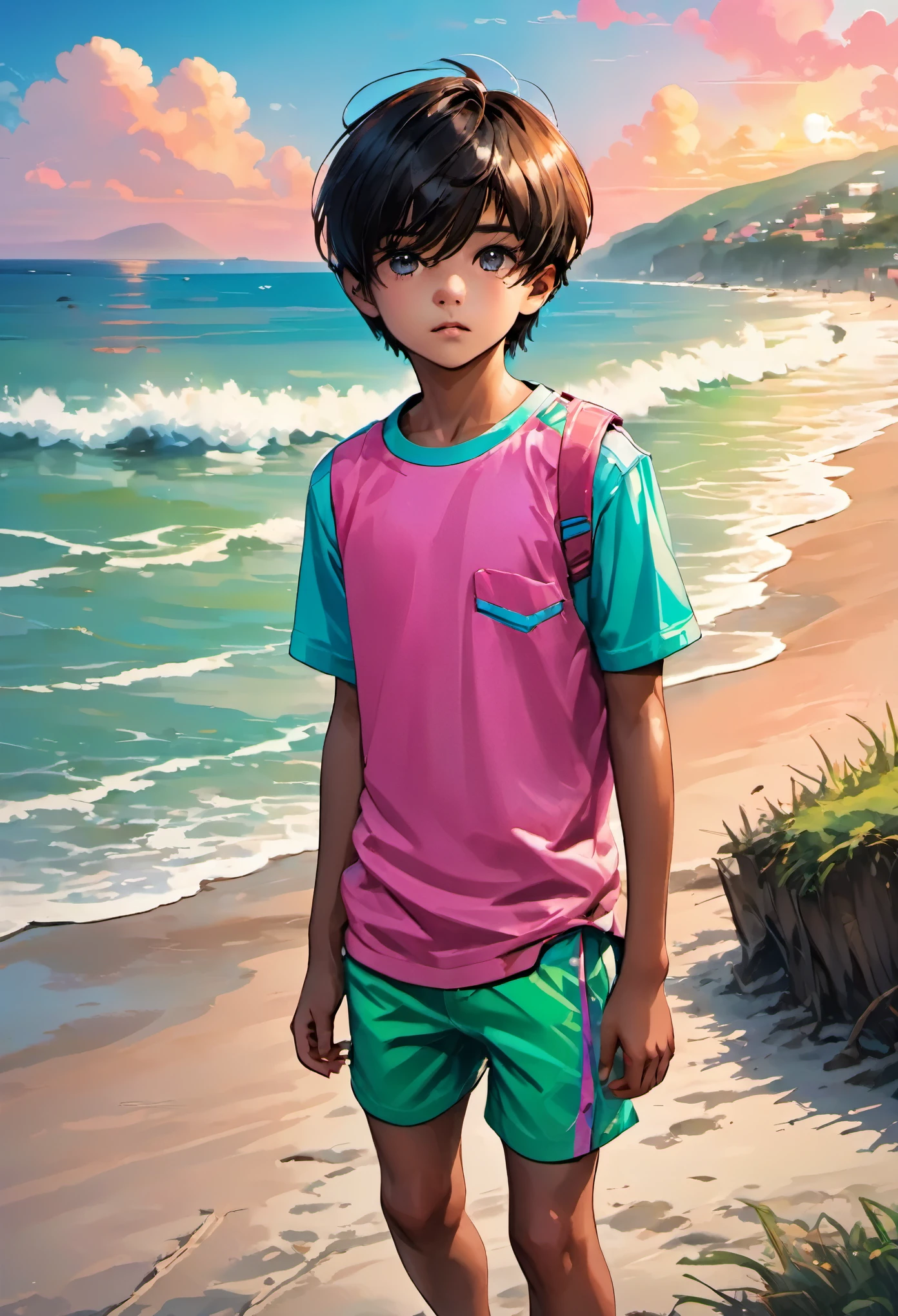 (absurdo, A high resolution, ultra detalhado, HDR),two brothers one and a boy ( estar com roupa de atletismo das cores cinza e vermelho o cabelo castanho claro e curto olho verde claro pele negra) meninoele morena com cabelo castanho escuro e tem um ((olho verde claro e outro azul claro ))the boy is wearing model clothes, the colors are pink with light green details, the background is a sunset on the beach with soft colors