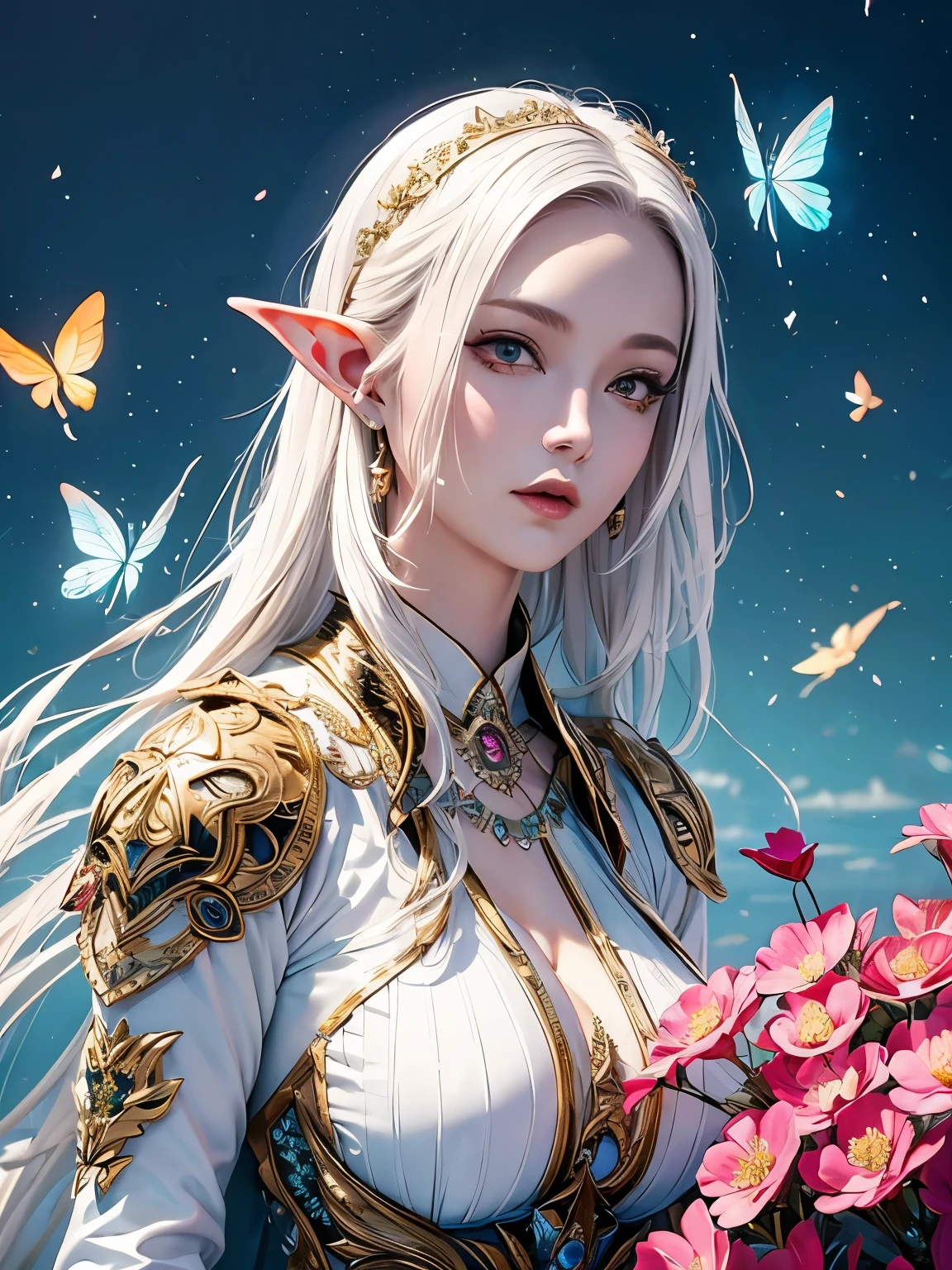 hight resolution、masterpiece、top-quality、ultra-detailliert、masterpiece、Very delicate、sharp focus、cinematic lighting like a movie、One adult elf woman very long platinum white hair 、Depiction of the upper body、face lights、detailed battle armor micro thong lace panties with intricate patterns、 hooded battle armor 、 accentuated super huge enormously gigantic tits with cleavage showing 、 tattoo sleeves and piercings 、sky at night flower pedals and butterflies blowing in the wind 、 battle field、detailed face depiction、Detailed hand depiction、watching at viewers