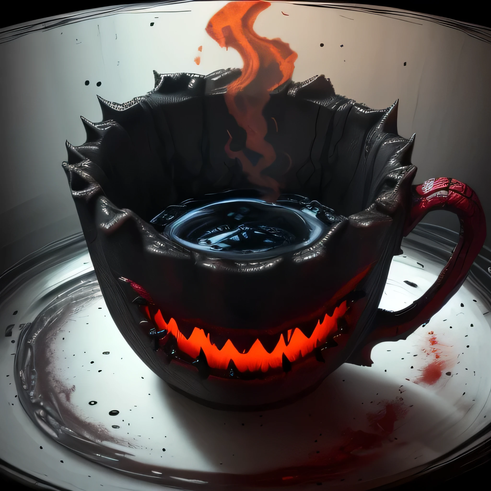 the cup turned into a monster, had scary eyes, had sharp teeth, there was fire coming out of the glass
