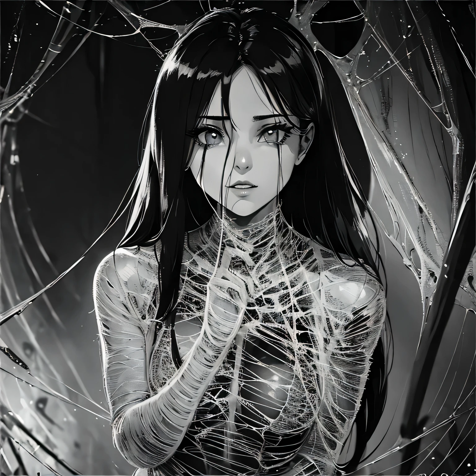 (a girl completely entangled in the spider's web),detailed eyes,detailed lips,extremely detailed eyes and face,long eyelashes,illustration,surreal,night scene,spooky,fantasy,horrifying,low-key lighting,dark atmosphere,complex web structure,soft shadows,high contrast,black and white tones,glowing eyes,eerie,haunting,ethereal,unreal,feeling of entrapment,hair flowing in the wind,mist and smoke,subtle transparency effect,mysterious,emotionally intense,spider crawling on the web,deep focus,soft focus,dramatic composition,unnatural poses,glimpse of moonlight,delicate details,macabre,creepy,dreamlike,otherworldly,isolated,loneliness.