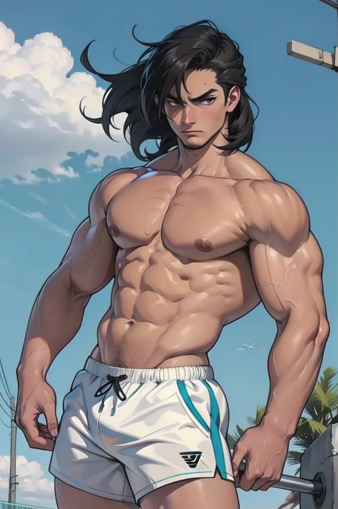 PELO NEGRO, ojos marrones, solo, sudoroso, piel brillante, piel morena, (((muscular, 1 chico))), con curvas, cabello corto, shorts cortos, ombligo, deportes bien, triste e inexpresivo