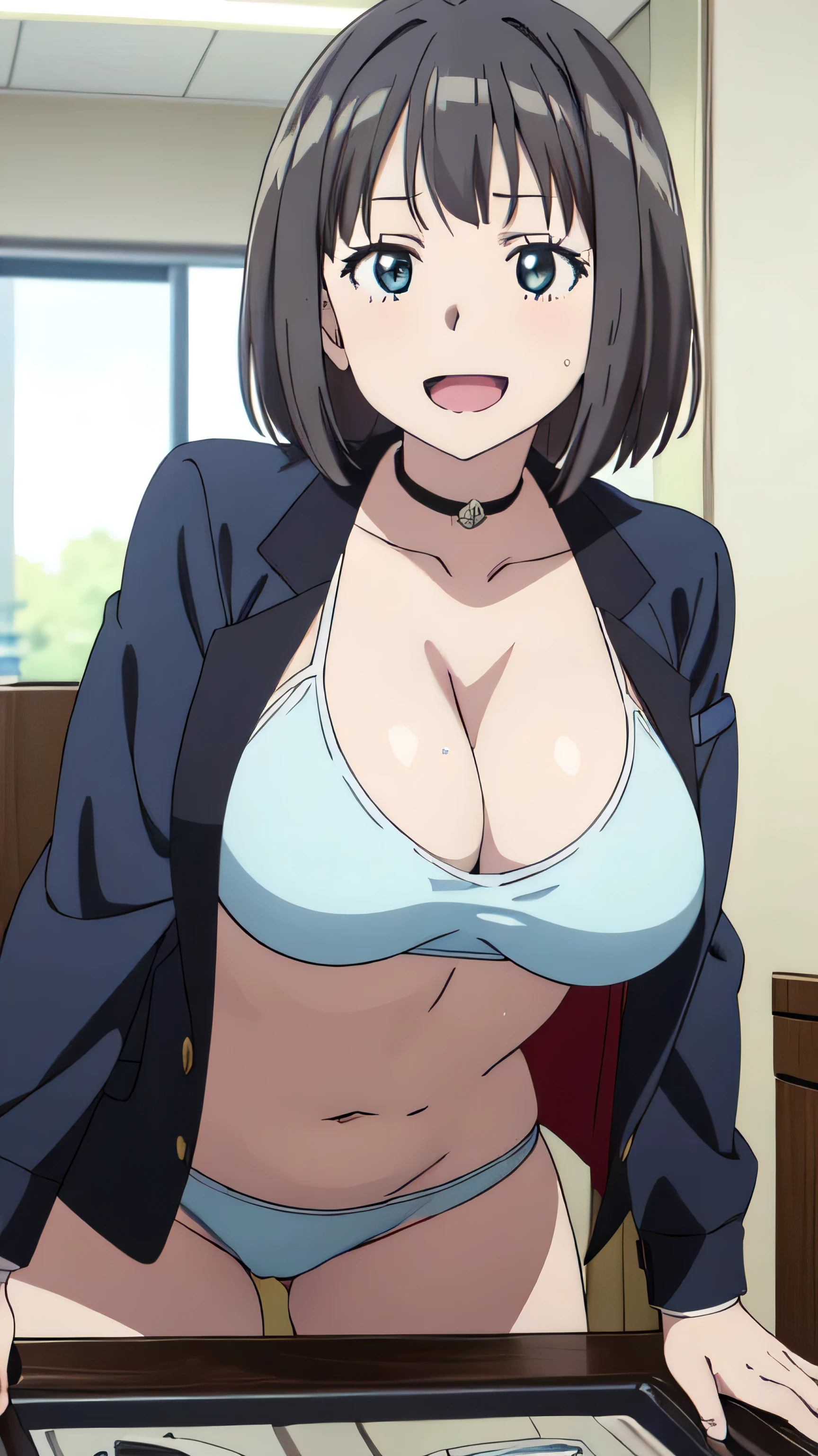 (((masterpiece))),fuyumi itadori, Anime girl characters, 1girl, solo, looking at viewer, medium hair, black hair,Yellowstone eyes, long sleeves, cleavage, bigger breasts, open mouth, collarbone, jacket, open clothes, open jacket, blue jacket, ground vehicle, sports bra, tall girl, horny, big ass, beautiful face,Charming, Tight-fitting clothing,  anime visual of a cute girl, screenshot from the anime film, & her expression is solemn, ahegao face, in the anime film, in an anime, anime visual of a young woman, she has a cute expressive face, still from anime, perfect breast, smile face, tall girl, 