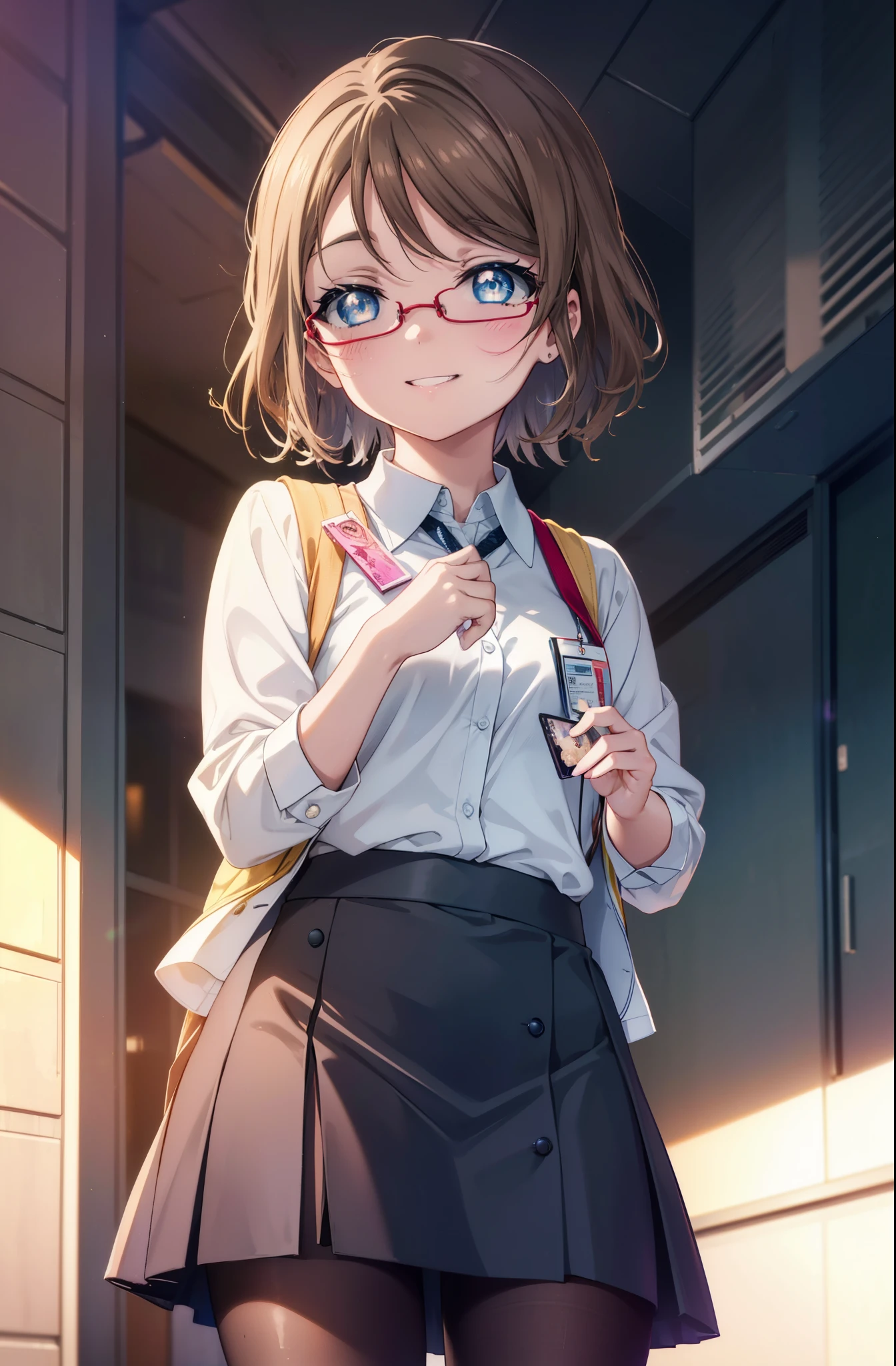 Yowatanabe, Mr. Watanabe, short hair, blue eyes, brown hair, smile, grin and laugh,OL, red glasses, end, black suit jacket, collared jacket, white dress shirt, collared shirt, neckline, button, strap, ID card on neck, black pencil skirt, black pantyhose, stiletto heels,smile, blush, looking at the viewer,throw(from below), morning日,morning,太陽が登っている
break outdoors, In town,ビル街
break looking at viewer, (cowboy shot:1.5),
break (masterpiece:1.2), highest quality, High resolution, unity 8k wallpaper, (figure:0.8), (detailed and beautiful eyes:1.6), highly detailed face, perfect lighting, Very detailed CG, (perfect hands, perfect ???????),