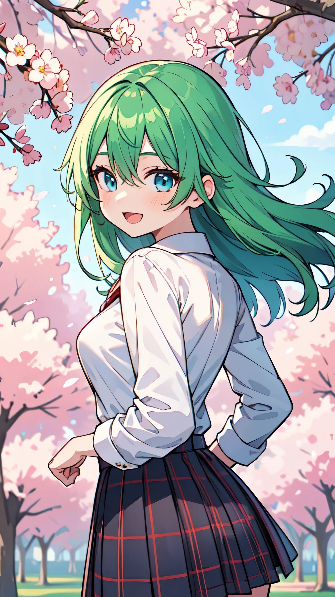 ((A Pretty High School girl with green hair and blue eyes)), ((wearing Sailor suit)), Baby face, ((master piece, top-quality, ultra-definition, high resolution)), anime girl, ((ultra-detailed illust:1.2)), only one person, bangs, hair between eye, beautiful hair, Beautiful eyes, Medium breasts, Big smile, opened mouth, cherry trees, schoolyard,no_pants, no_panties,bottomless,[[penis,Testicle]],futanari