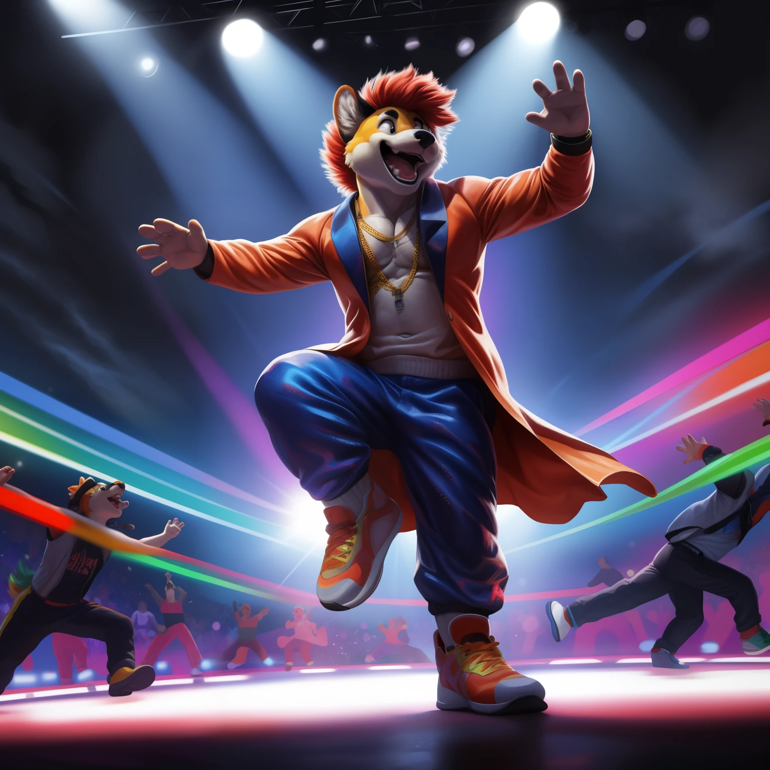 Chico bailando, full body, dynamic pose, vibrant colors, energetic, joyful expression, detailed clothing, intricate patterns, realistic rendering, high quality, digital art, trending on social media, urban setting, street dance, hip-hop style, professional dancer, graceful movements, perfectly synchronized, captivating performance, spotlight, audience in awe, masterful choreography, unforgettable moment.