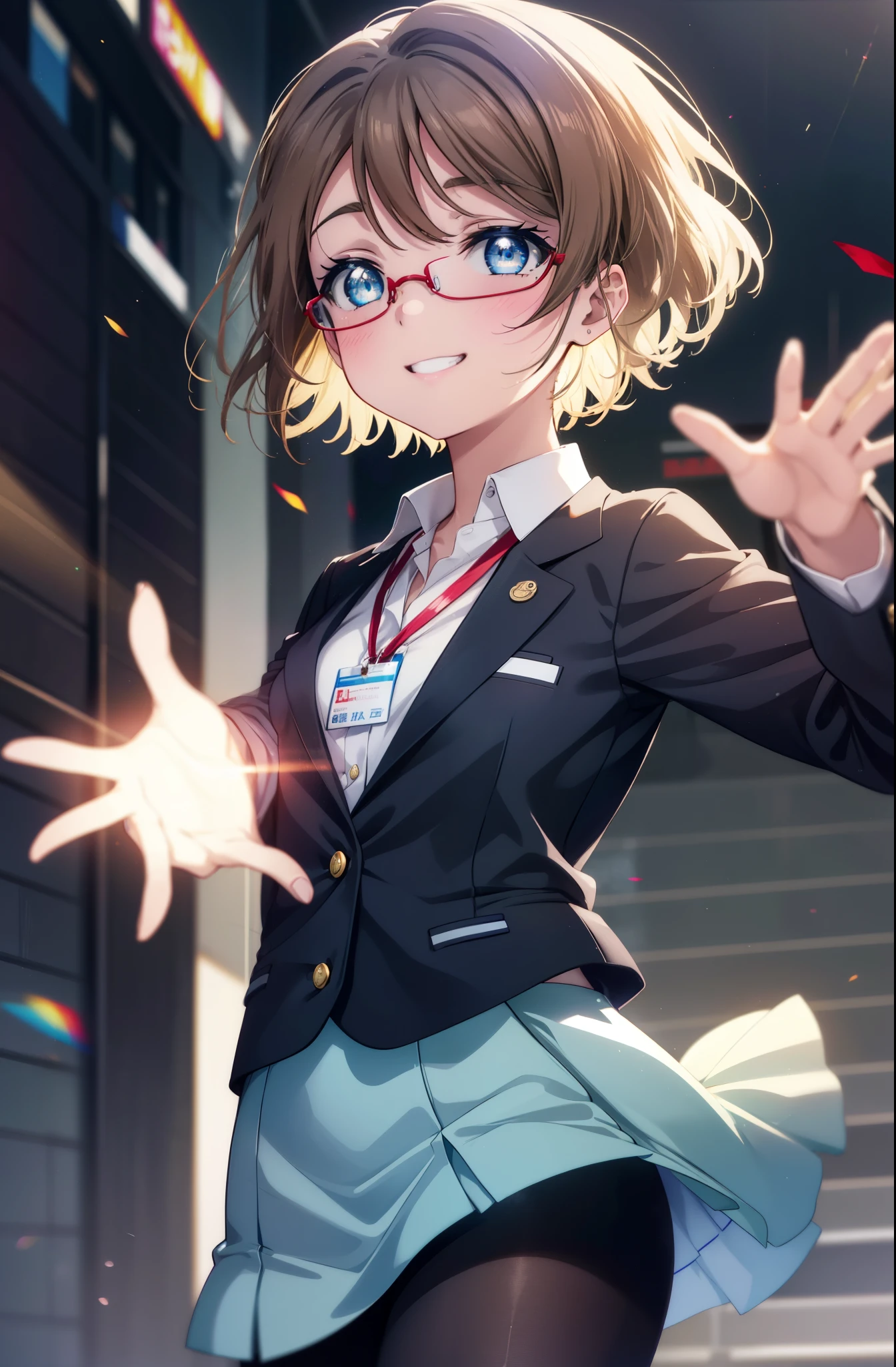 Yowatanabe, Mr. Watanabe, short hair, blue eyes, brown hair, smile, grin and laugh,OL, red glasses, end, black suit jacket, collared jacket, white dress shirt, collared shirt, neckline, button, strap, ID card on neck, black pencil skirt, black pantyhose, stiletto heels,smile, blush, looking at the viewer,throw(from below), morning日,morning,太陽が登っている
break outdoors, In town,ビル街
break looking at viewer, (cowboy shot:1.5),
break (masterpiece:1.2), highest quality, High resolution, unity 8k wallpaper, (figure:0.8), (detailed and beautiful eyes:1.6), highly detailed face, perfect lighting, Very detailed CG, (perfect hands, perfect anatomy),