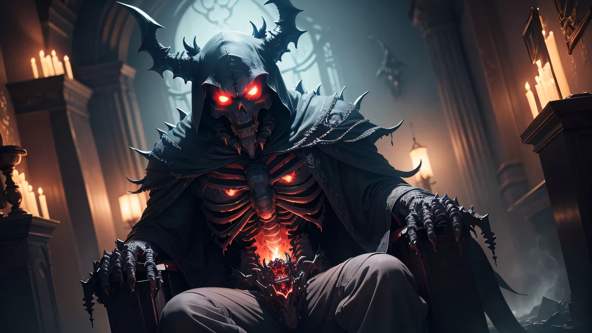 (best quality,4k,8k,highres,masterpiece:1.2),ultra-detailed,close up shot,skeleton monster with glowing red eyes,sharp teeth and bony fingers,sitting on a majestic throne covered in dark shadows,fixing its gaze at the camera,ominous atmosphere,dark and moody lighting,vivid colors,horror,scary,spooky,nightmares,cold metallic textures,demonic presence,majestic aura