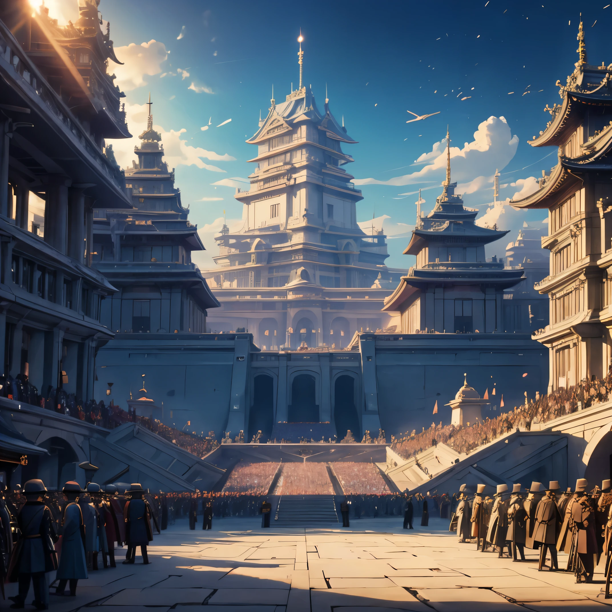 Imperial Palace surrounded by a crowd, with in the middle of a whole ray of light