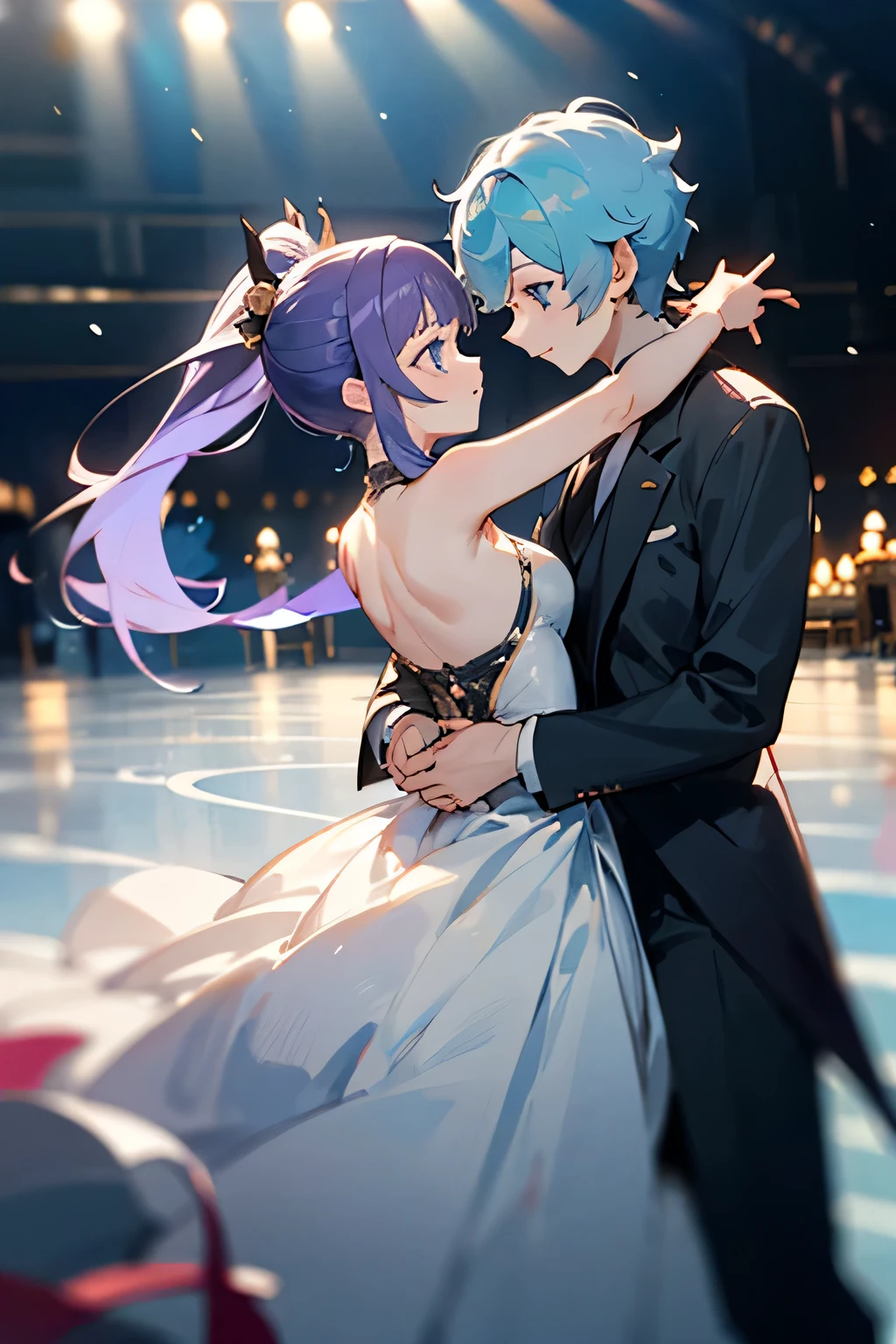 Exquisite ballroom dance, Furina and female partner in focus, dancing beautifully in the center, gorgeous mid length dresses, motion of: sharp turn dress poof. Anime, ((masterpiece)), (girl with girl dance), (Furina Genshin), with purple hair girl, Furina; short light blue hair with long low back ponytail, one light blue eye, one darker blue eye. In beautiful ballroom, visually set apart from the crowd.