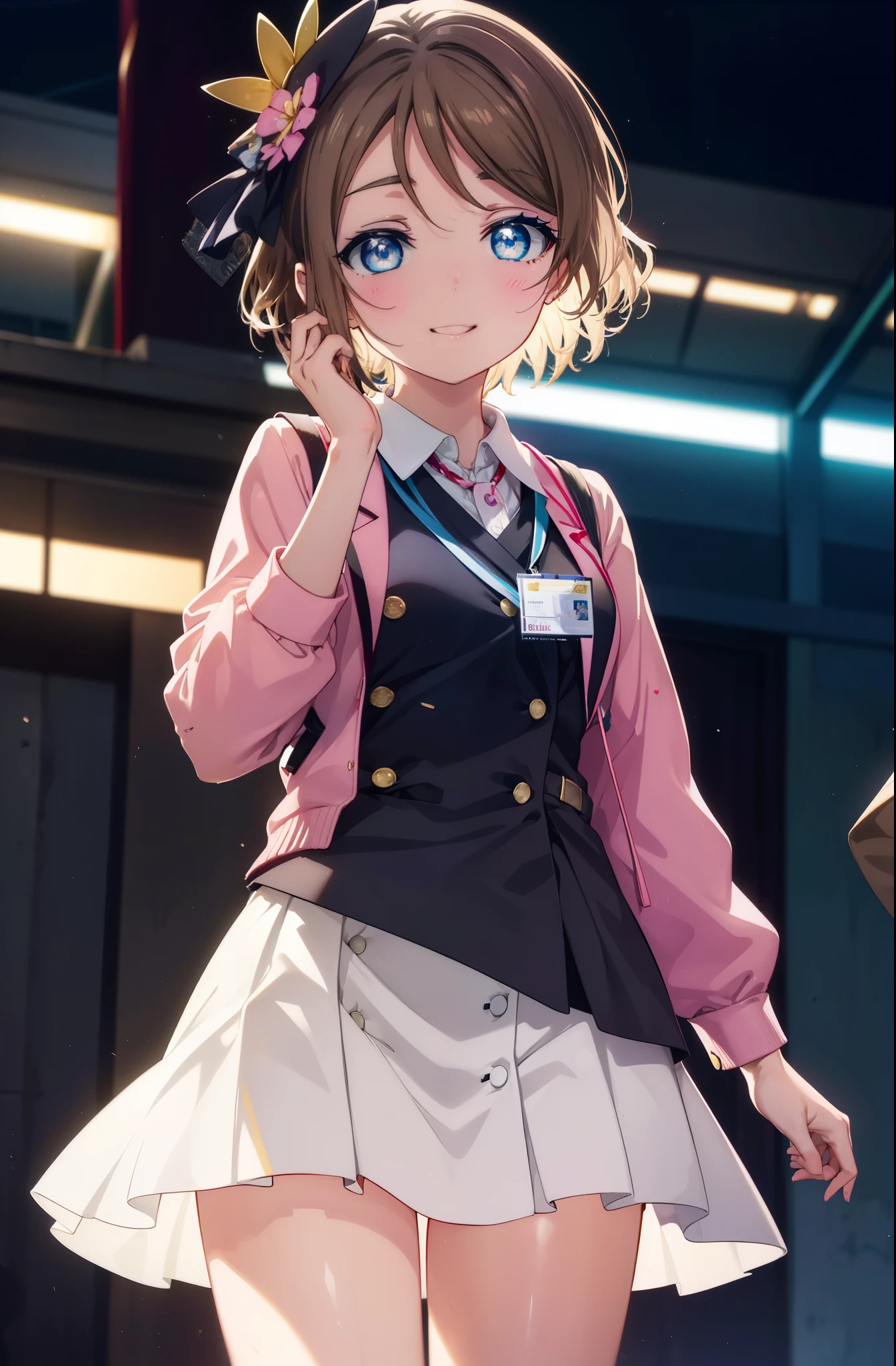 Yowatanabe, Mr. Watanabe, short hair, blue eyes, brown hair, smile, grin and laugh,OL, red glasses, end, black suit jacket, collared jacket, white dress shirt, collared shirt, neckline, button, strap, ID card on neck, black pencil skirt, black pantyhose, stiletto heels,smile, blush, So that the whole body goes into the illustration,looking at the viewer,throw(from below), morning日,morning,太陽が登っている
break outdoors, In town,ビル街
break looking at viewer, (cowboy shot:1.5),
break (masterpiece:1.2), highest quality, High resolution, unity 8k wallpaper, (figure:0.8), (detailed and beautiful eyes:1.6), highly detailed face, perfect lighting, Very detailed CG, (perfect hands, perfect anatomy),