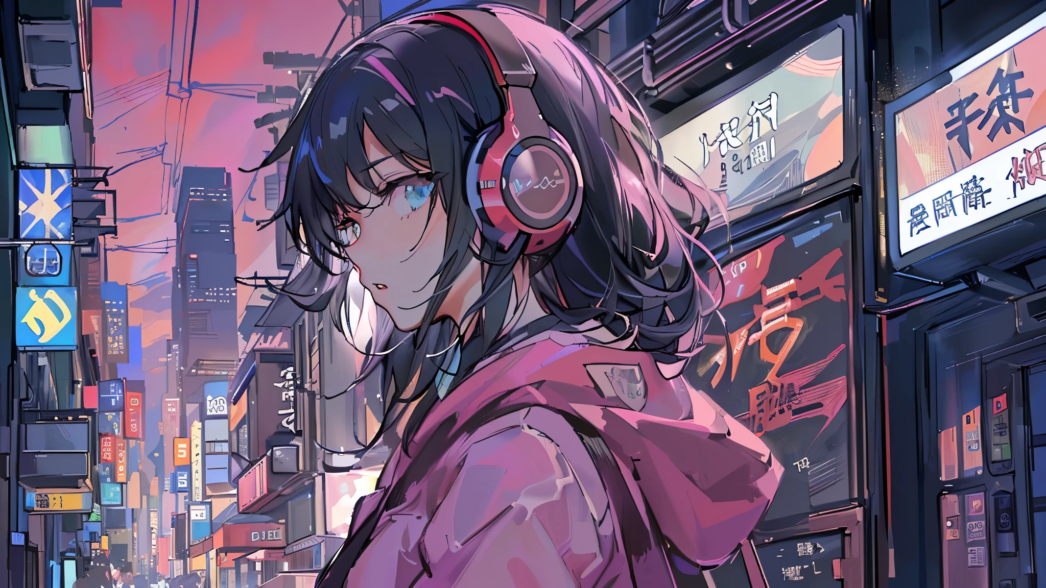 masterpiece,Anime-style illustration showing a young woman in her 20s wearing a black hoodie, facing right, Stand in the middle of the street in a cyberpunk nightlife district. sheはピンクがかった黒髪の長い髪を持っています、Wearing pink glowing headphones. big breasts、she&#39;You are still looking up at the starry sky, but、sheの視線と体はフレームの右側を向いています. The scene should be lively., Reflects a cyberpunk aesthetic, ネオンと未来的な建物がsheを取り囲んでいます. The hustle and bustle of the city continues, but、sheは&#39;Peace amidst chaos, Immerse yourself in the sights and sounds of the night. In the image、Must capture the calm sky above and the vibrant urban environment。, sheの新しい方向性を強調する.
